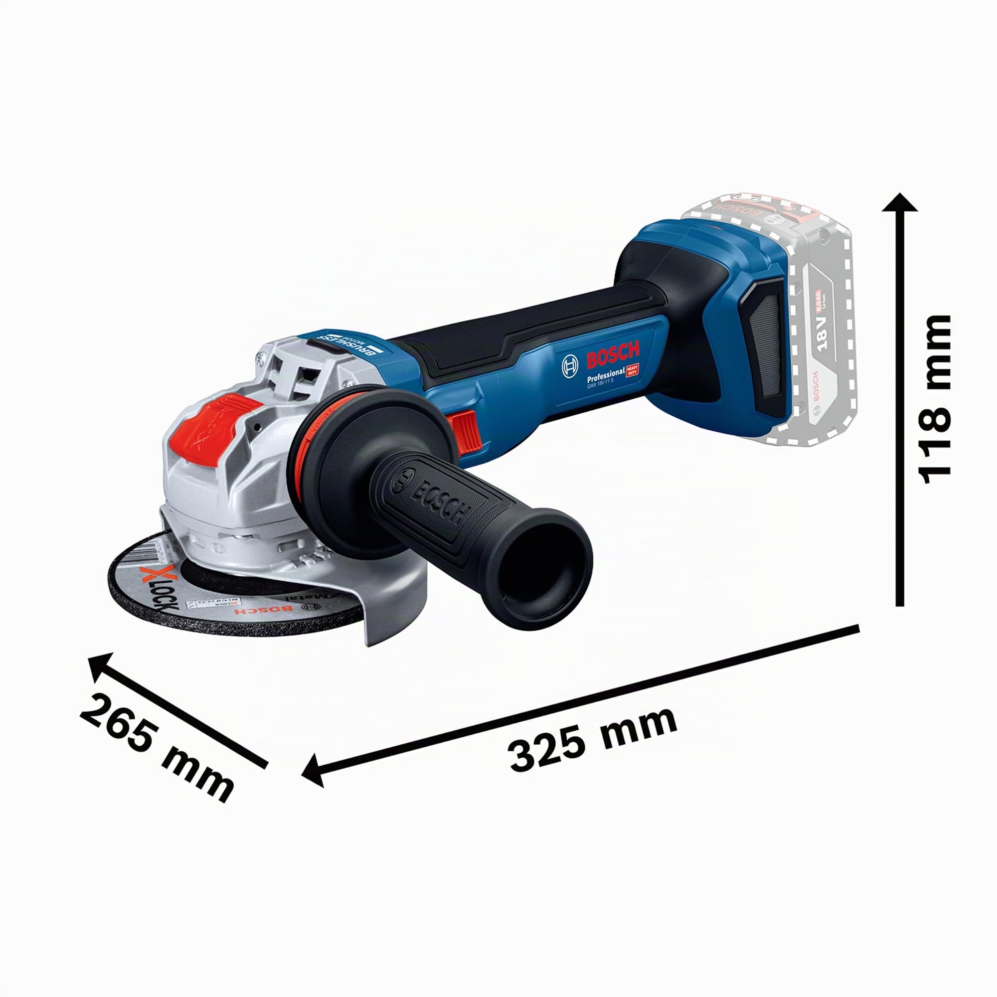 Amoladora angular a batería GWX 18V-11 con Bosch Professional 18V System y X-LOCK (incl. empuñadura auxiliar con control de vibración, cubierta de protección, L-BOXX 136)