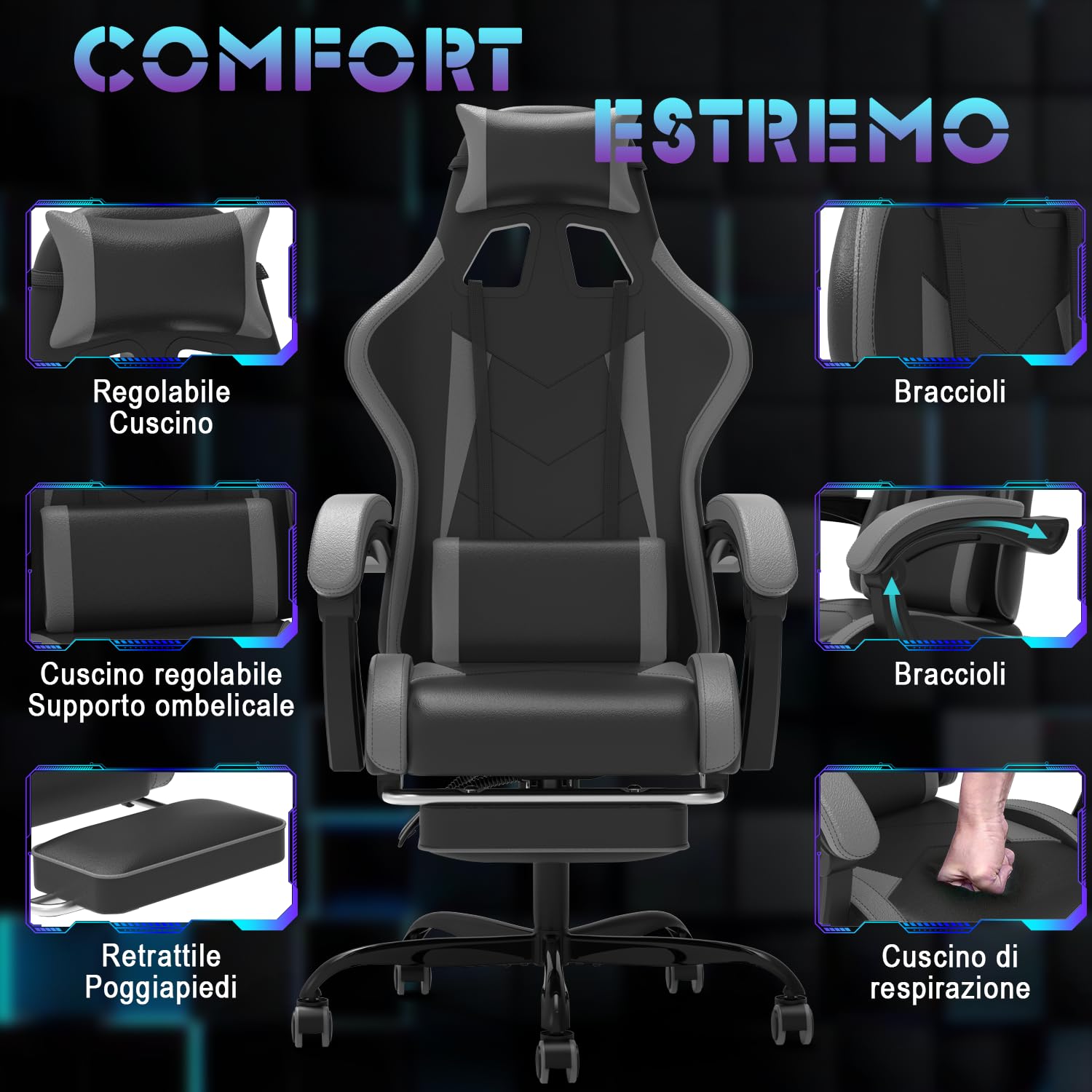 Devoko Sedia da Gaming Massaggiante con Poggiapiedi Telescopico, Sedia Gamer con Cuscino Lombare Massaggio & Poggiatesta, Ergonomico Sedia da Ufficio Schienale Regolabile 90-135° Portata 150kg(Grigio)