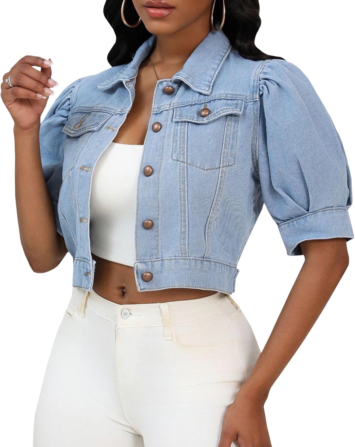 SEMATOMALA Women's Croppped Jean Jacket Puff Short Sleeve Button Down Denim Coat Crop Top Outerwear - Image 2