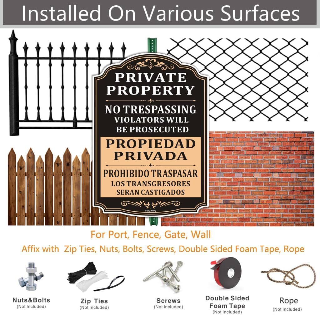 Paquete de 2 letreros bilingües de propiedad privada con texto en inglés "No Trespassing Violators Will Be Prosecuted", de 10 x 14 pulgadas, letreros de propiedad privada, letreros reflectantes de