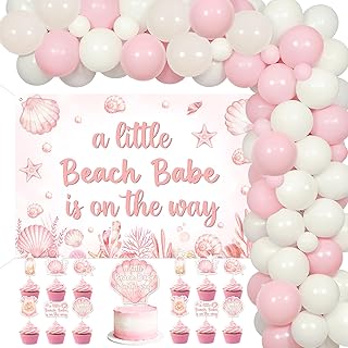 Beach Baby Shower Decorations A Little Beach Babe Is On The Way Backdrop Banner Balloon Garland Kit for Girl Ocean Shell Starfish Theme Party Supply with Cake Toppers for Coastal Celebrations