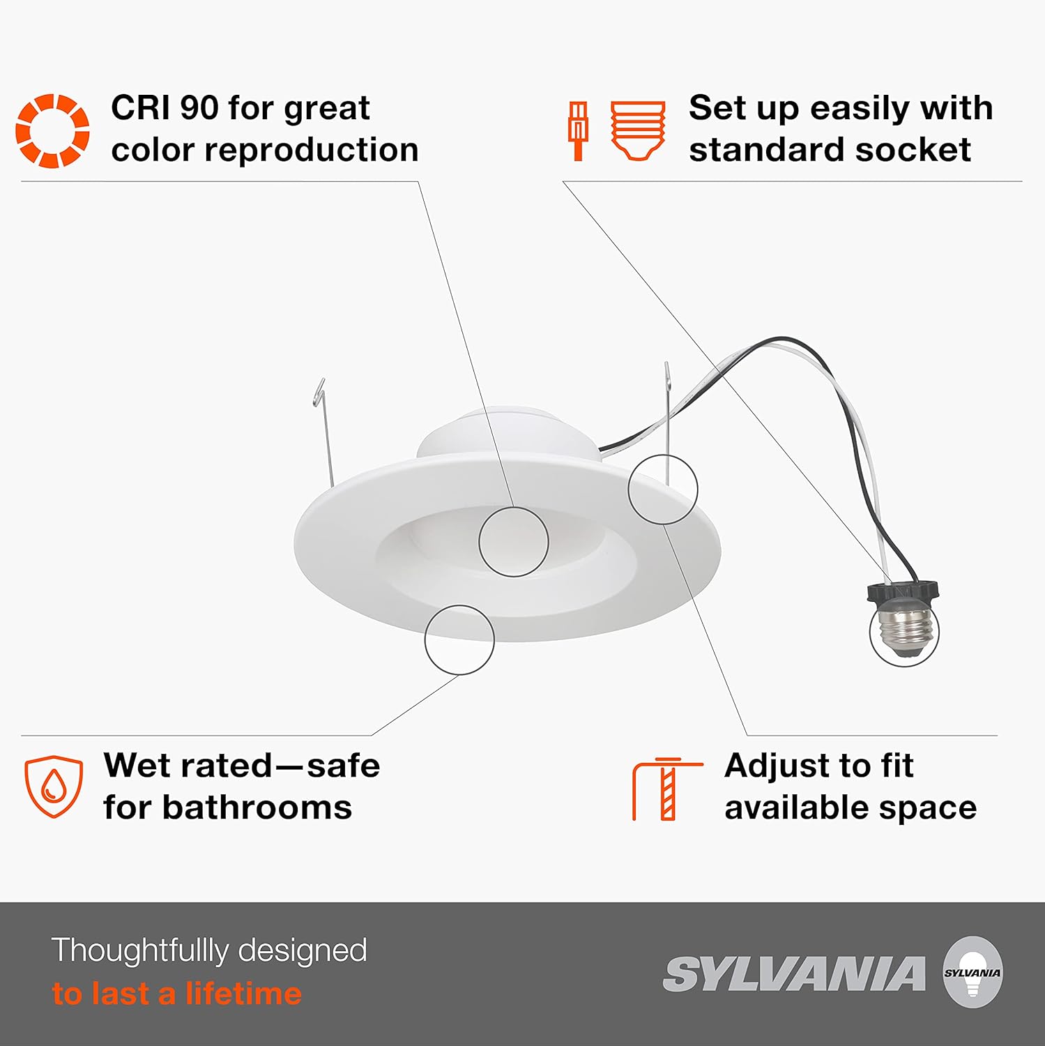 Sylvania 5”/6" LED Recessed Lighting Downlight with Trim, Dimmable, 9W=65W, 675 Lumens, White, 3000K, Wet Rated - 4 Pack (62029)