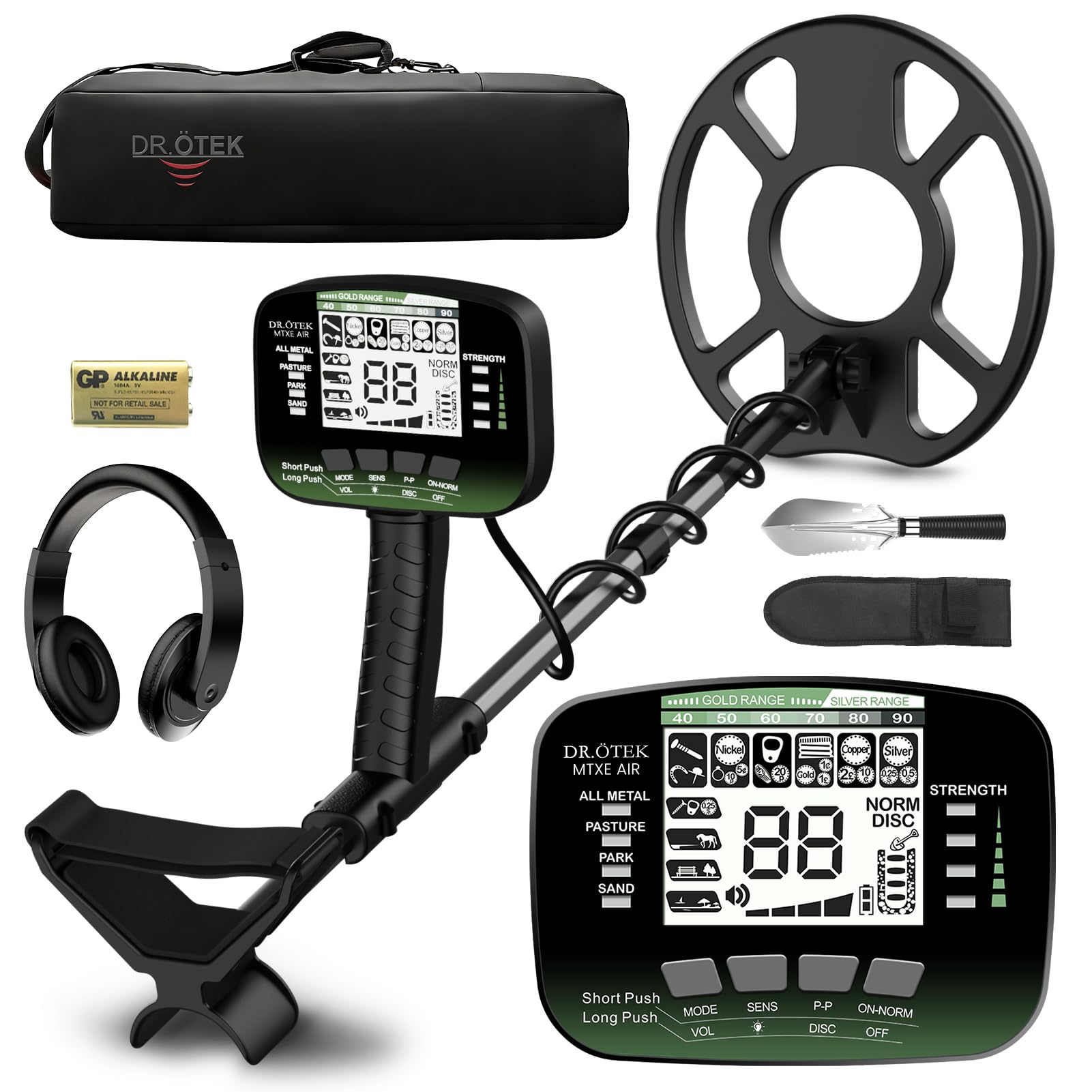 DR.ÖTEK Metal detector per adulti, rivelatore professionale impermeabile oro aggiornato modalità Pinpoint e terreno, kit di metal detector professionale con avvio con un clic, alta precisione, 6