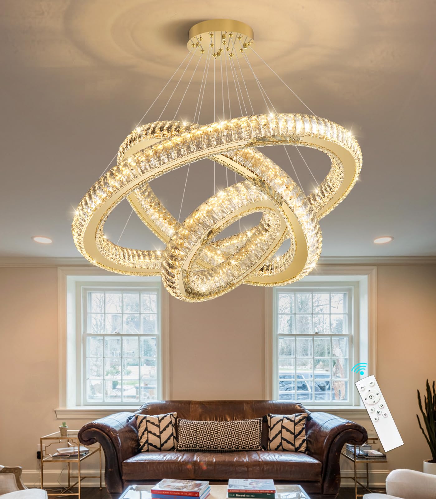 3 Rings Chandelier Modern Dimmable High Ceiling Large Ring Chanderliers Entryway Crystal Pendant Lights for Entryway Foyer Living Room Gold Light