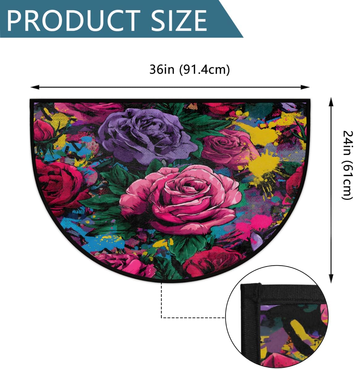 Half Round Door Mat Roses Floral Pattern Non Slip Absorbent Semi Circle Area Rugs Washable Half Moon Floor Mats for Indoor Patio Kitchen Bathroom Entryway Fireplace Home Carpet Decor