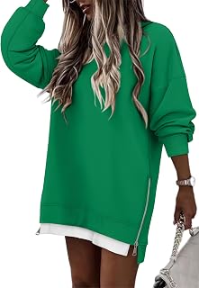Crew Neck Oversized Sweatshirt Zipper Slit Long Sleeve Pullover for Women 2025 Trendy Fall Clothes