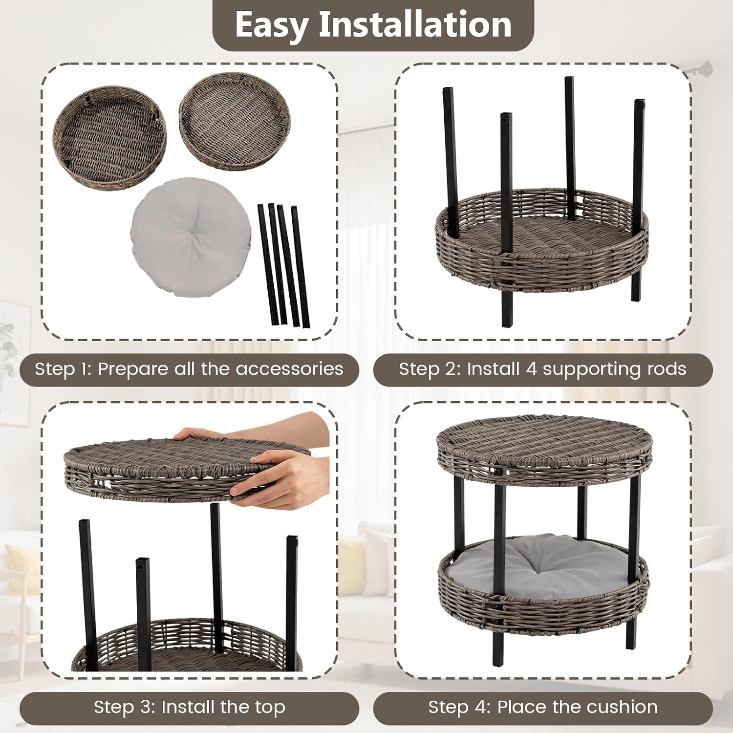 PETSITE Modern Wicker Cat Nest, 2-Tier Rattan Cat House w/Removable Padded Cushion, Round Platforms, Metal Frame, Indoor & Outdoor Raised Pet Shelter for Living Room, Bedroom, Porch