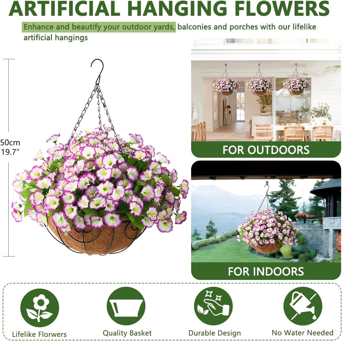 Homsunny Artificial Hanging Flowers in Basket,12 inch Silk Flower Coconut Lining Hanging Baskets,Fake Hanging Plants in for Outdoors Courtyard Decor(Light Purple) - Image 5