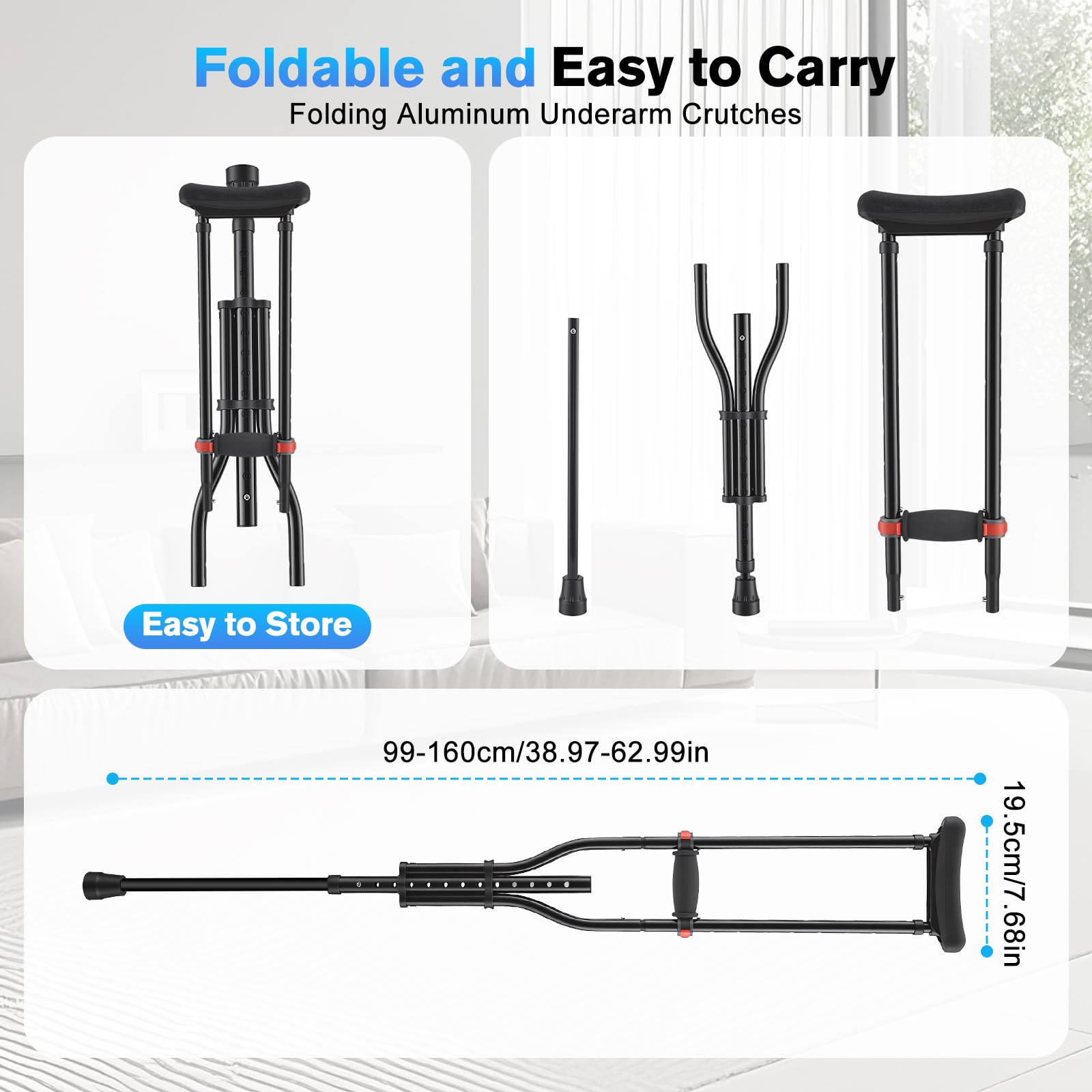 Muletas Axilares 1 Par, Altura Ajustable 99-160cm, Muletas de Aluminio Plegables con Amortiguación, 19 Niveles Regulables, Soportan hasta 150kg,Almohadillas Antideslizantes para Adultos y Post-Cirugía