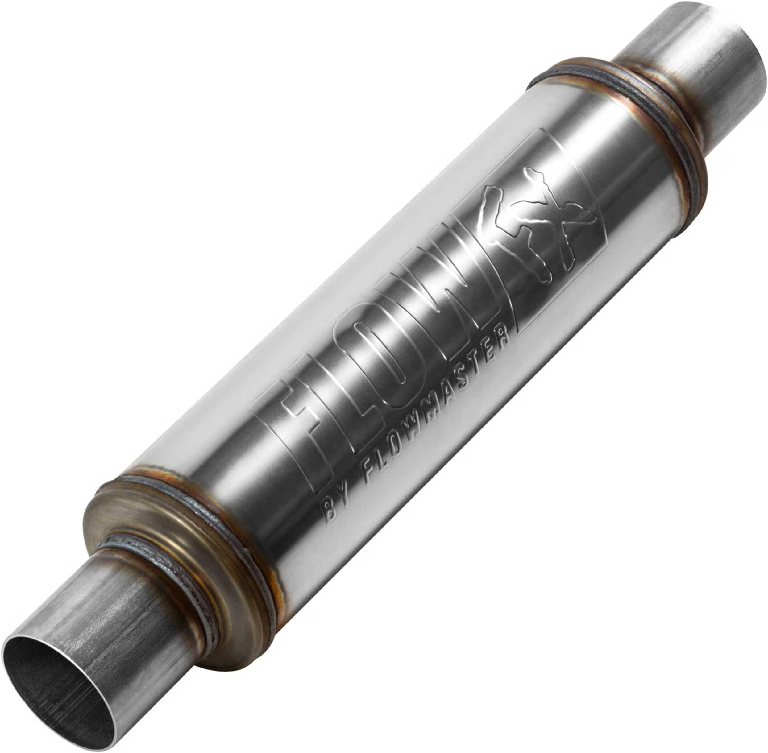 Flow FX Chambered Muffler – 2.50” Center In / 2.50” Center Out – Round Body – Moderate Sound – Stainless Steel –Affordable Performance for Modern Trucks, Muscle Cars & Daily Drivers - 71416