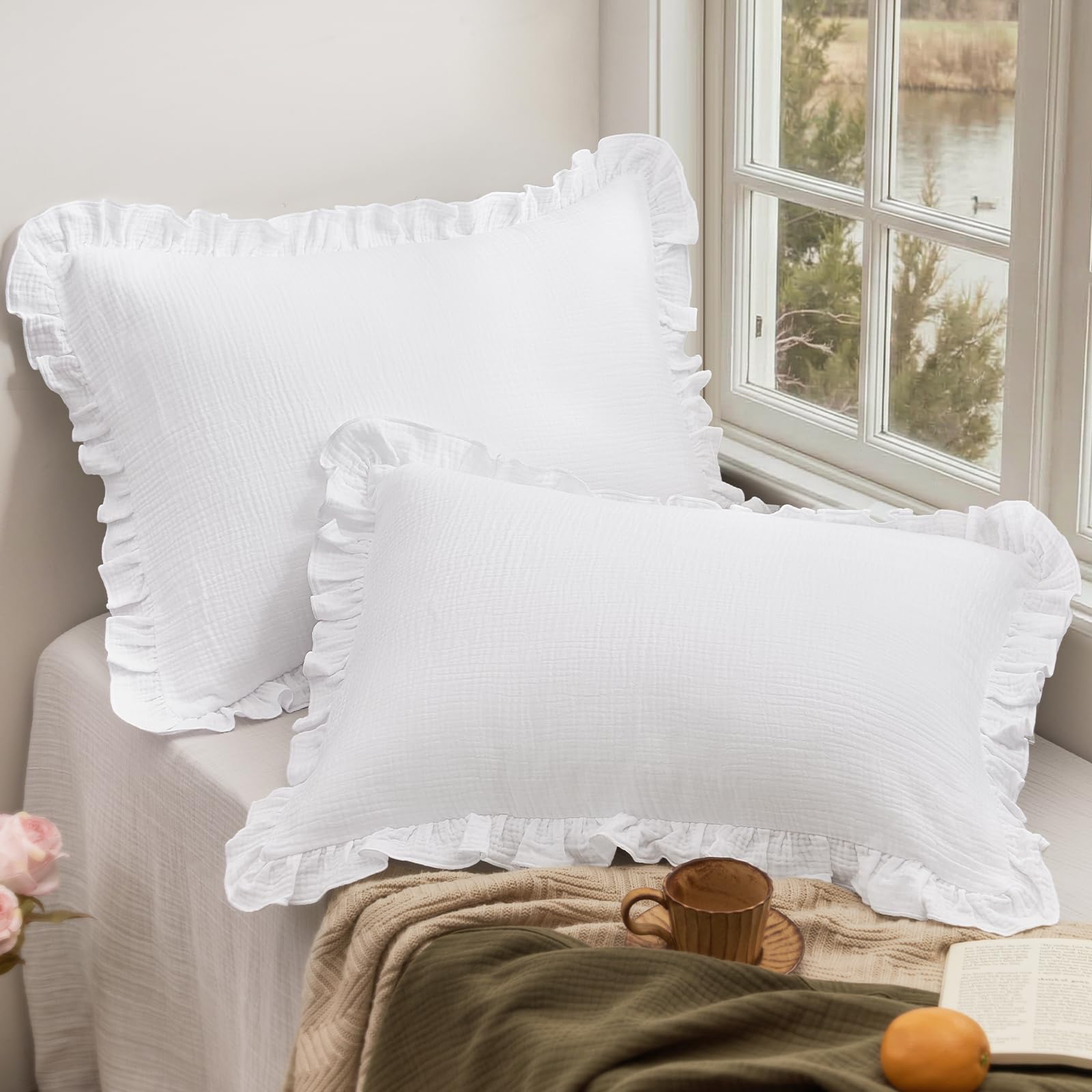 phf cotton muslin ruffle pillow shams standard size, 26" x 20", 2 pack 3-layer gauze pillow cases, no filling, ultra soft breathable pillowcases for vintage decor, white