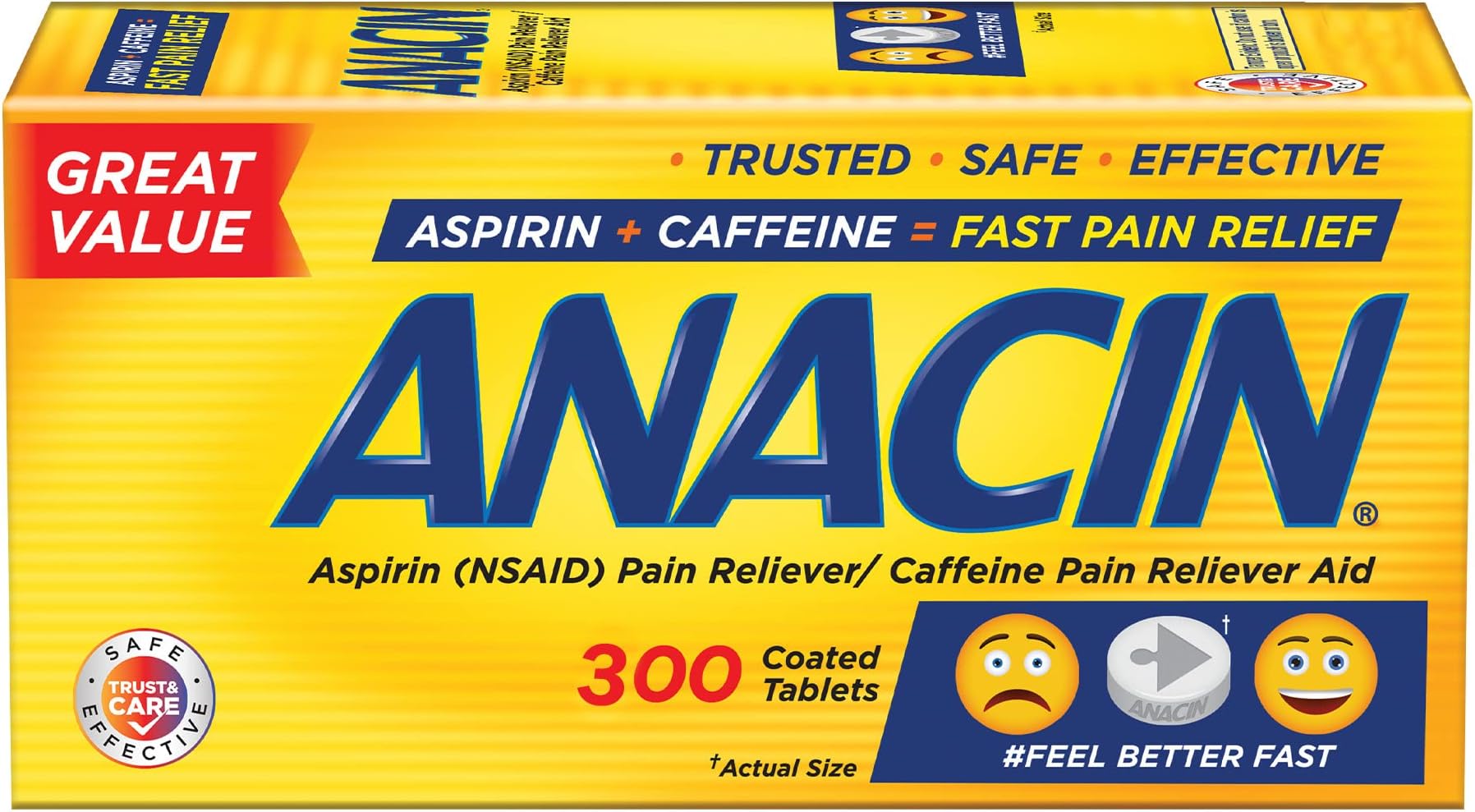 Anacin Fast Pain Relief, Aspirin + Caffeine Pain Reliever, 180 coated tablets (6 pack of 30 tablets)