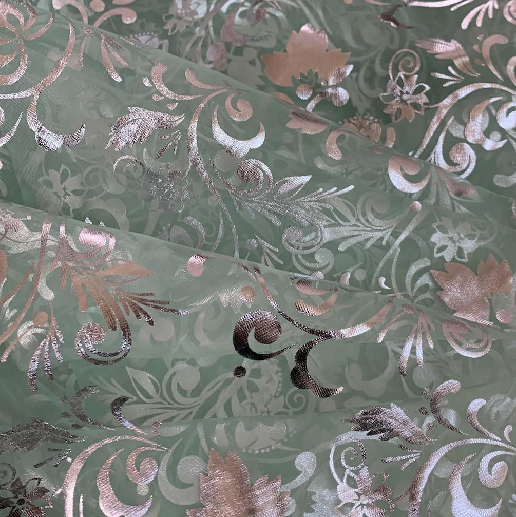 Window Scarf Valance Foil Print Metallic Leafs Sheer Scarf 8 Yard (Mint Sheer/Silver Leaf 288L X 50W)