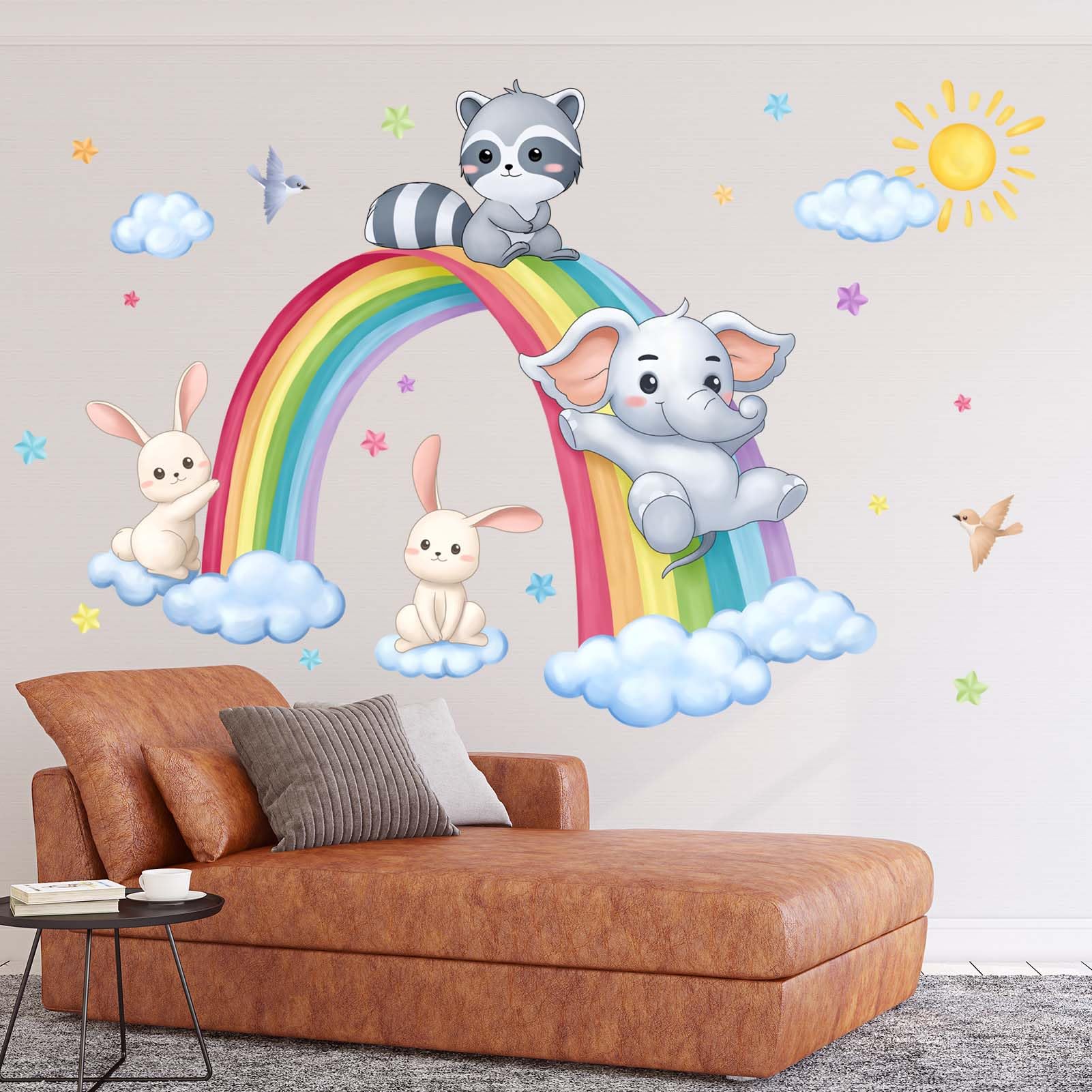 PinkEleph Rainbow Animal Wall Stickers, Elephant Rabbit Raccoon Wall Decals - Image 2