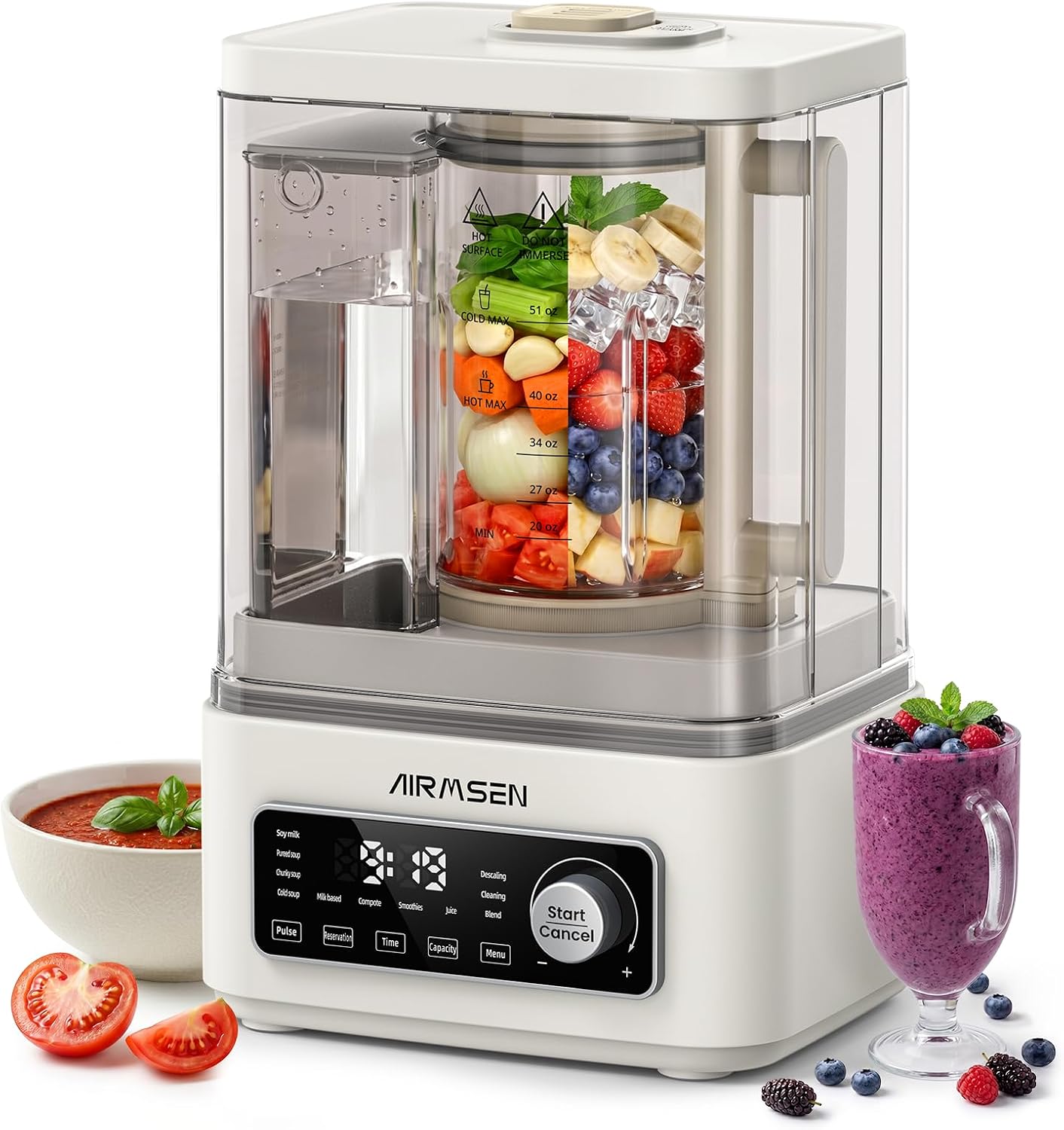 AIRMSEN 11-in-1 Steam Heating Glass Blender for Kitchen, 1200W Professional Countertop Blender with 68oz Removable Water Tank for Smoothies, Milkshakes, Juices, Soups and Sauces, Easy to Clean, White
