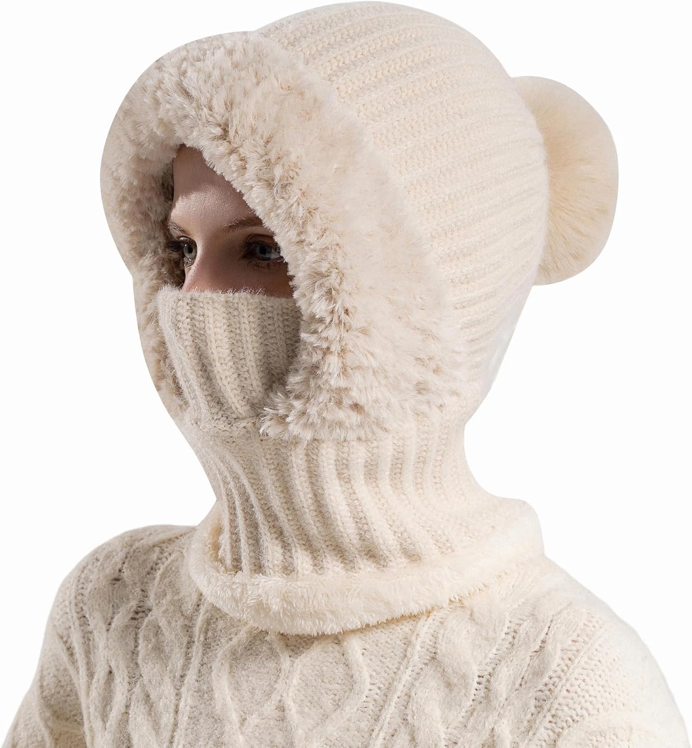 HUAMULAN Women Winter Beanie Hats One Piece Fleece Lined Knit Balaclavas Mask Set Skull Neck Circle Scarf Ski Snow Hat Pompom