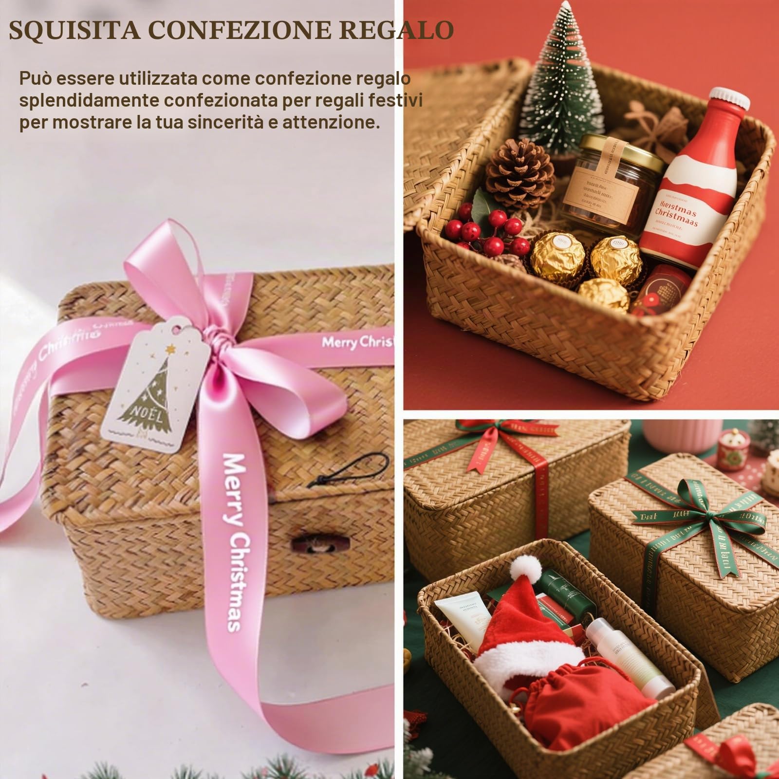 3 Pezzi Cestino in Rattan con Coperchio, Cestini da Scaffale in Seagrass Naturale, Scatola Portaoggetti Rettangolare Multiuso Scatole Organizer per Bagno Cucina e Soggiorno