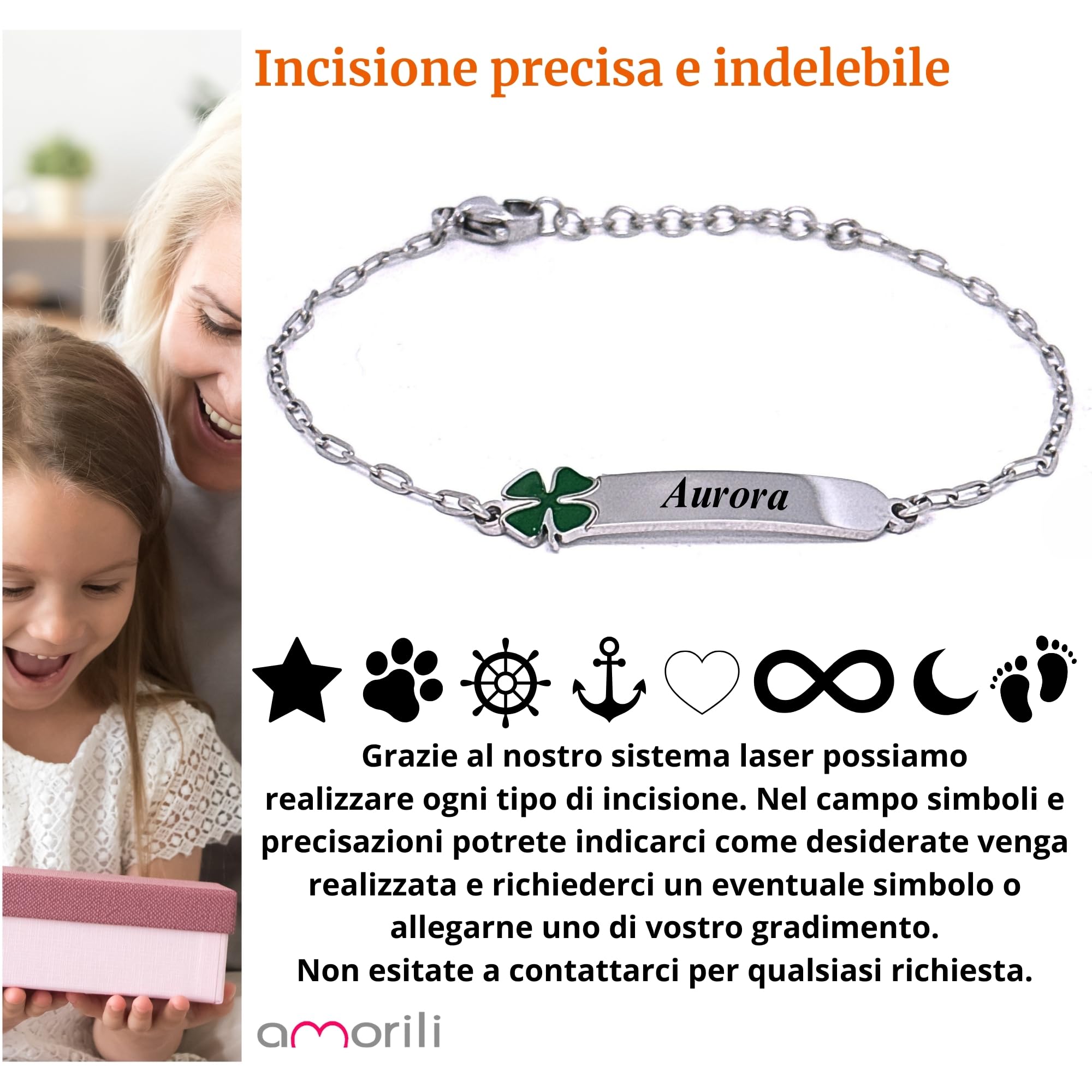 amorili Bracciale Bambina Personalizzato con Nome – Ciondolo Quadrifoglio in Acciaio Inox – Regalo Bimba, Comunione, Compleanno – Incisione Gratuita – Confezione Regalo bcc3110
