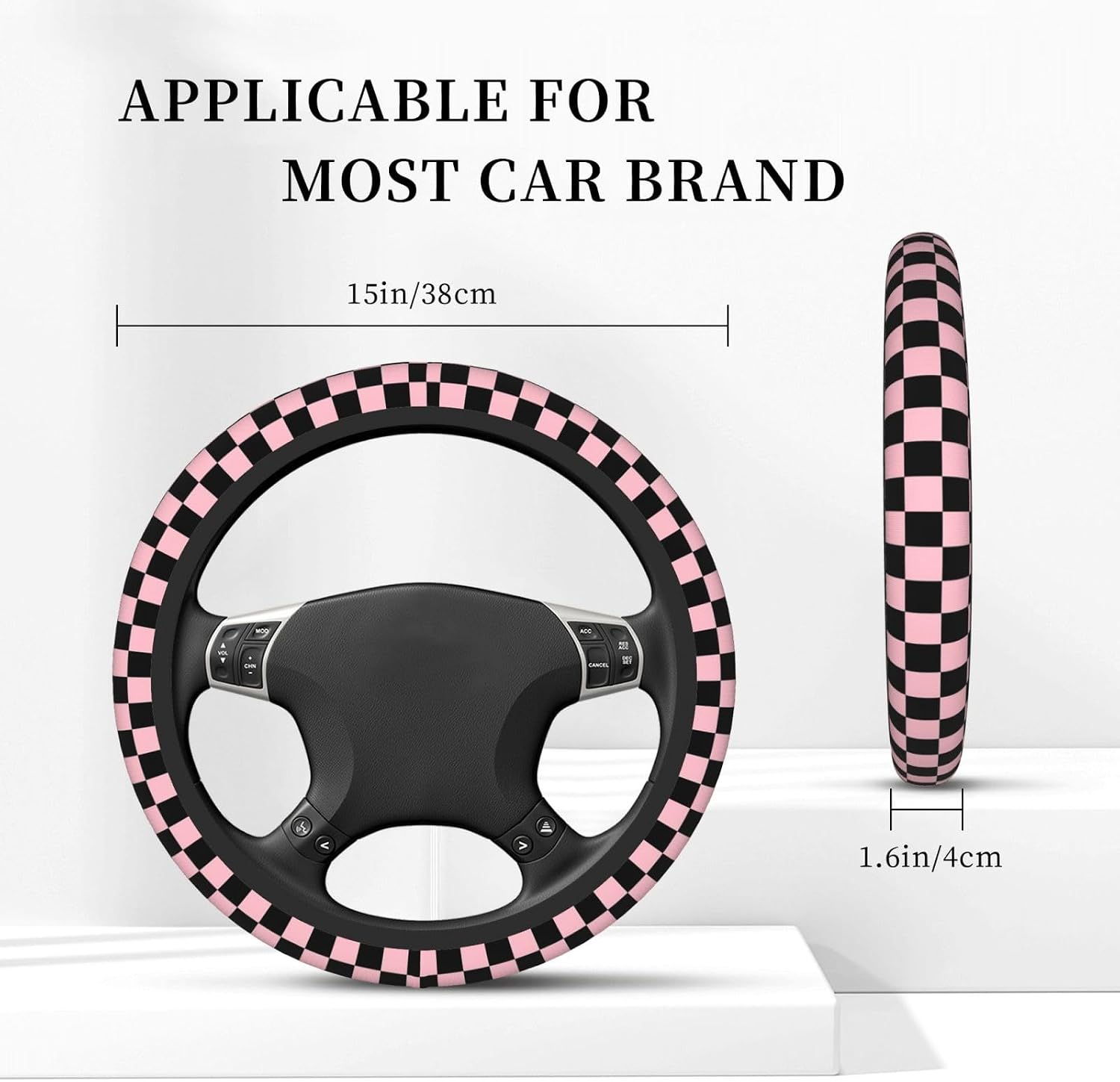 Pink and Black Checkered Steering Wheel Cover for Women, Universal Auto Steering Wheel 14-15 Inch Car Interior Accessories with 2PCS Car Coasters, Suitable for Men and Women
