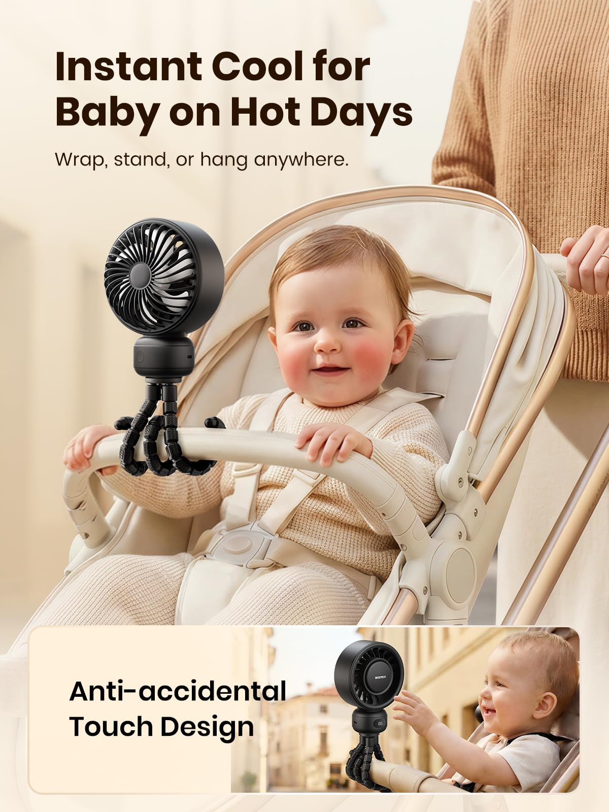 Warmco Ventilatore portatile per passeggino, 4000 mAh, ricaricabile, con treppiedi (fino a 15 ore), 4 velocità, display a LED, coperchio anteriore staccabile, funzionamento silenzioso, per seggiolino