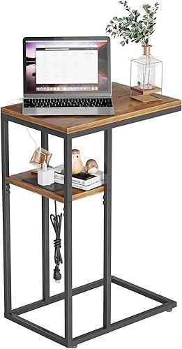 CubiCubi Mesa auxiliar con estación de carga, mesa auxiliar en forma de C con puertos USB y tomas, mesa de sofá para sala de estar, dormitorio,