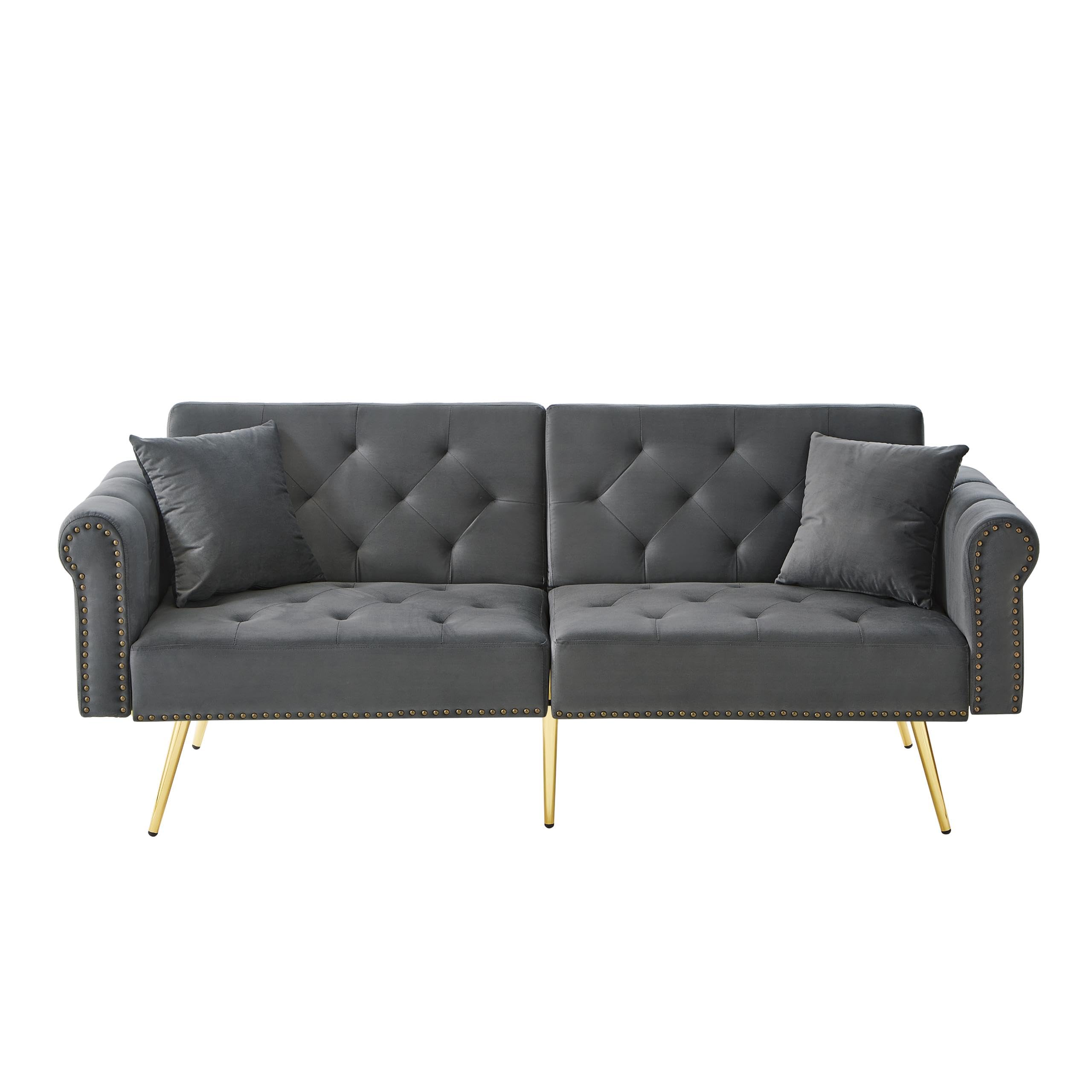 Sofá cama moderno de 2 plazas, funda de terciopelo, respaldo ajustable en 3 niveles, patas doradas, elegante dormitorio, ahorra espacio, resistente (gris)