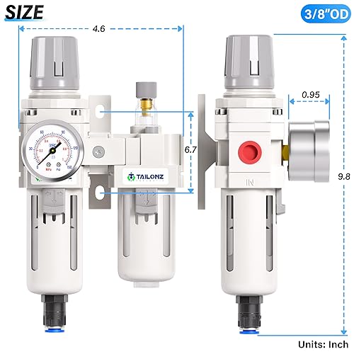 Miniatura 55 de TAILONZ PNEUMATIC Filtro de aire NPT de 3/8 pulgadas Regulador de presión Combo de separador de trampa de agua/aceite (0-145 PSI), filtro compresor