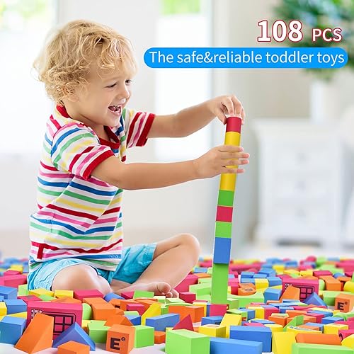Miniatura 4 de FUN LITTLE TOYS 108 bloques de construcción de espuma para niños pequeños grandes apilables suaves con alfabeto y números juguetes apilables