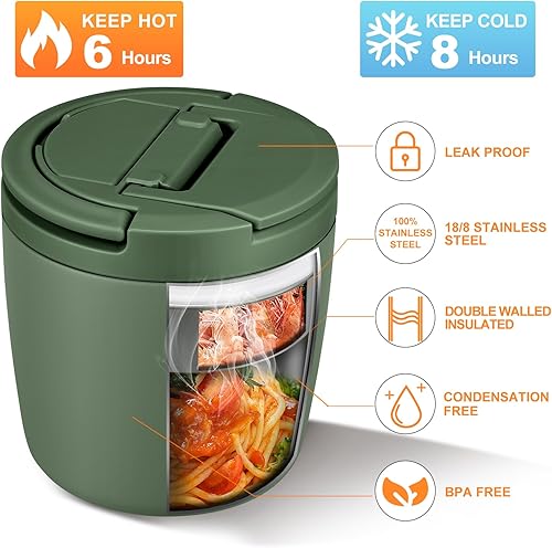 Miniatura 3 de Recipientes de almuerzo aislados de 40 onzas para adultos, termo de sopa para frasco de comida caliente de boca ancha a prueba de fugas, acero