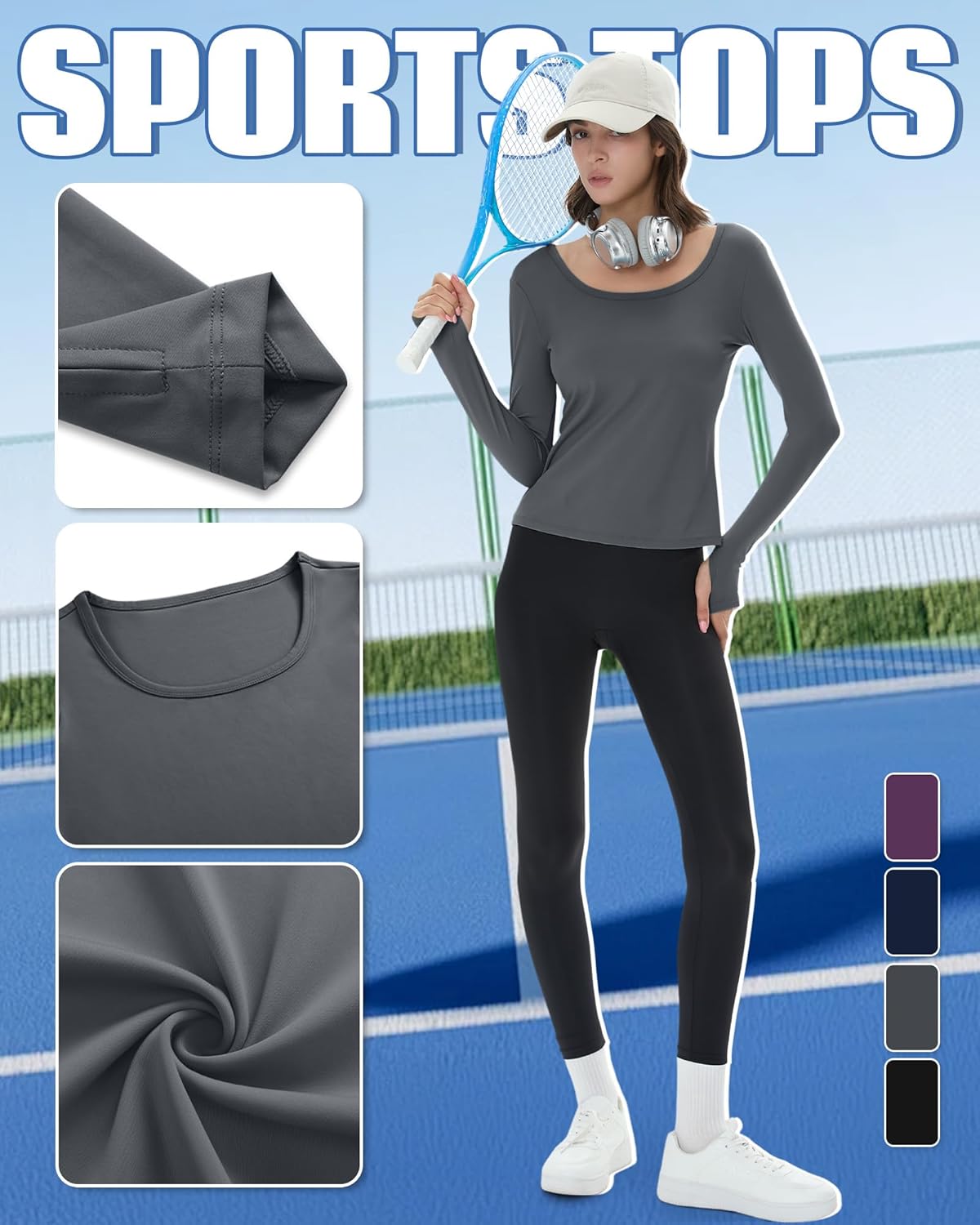 4 Pack Women's Workout Tops Long Sleeve Compression Shirts U Neck Slim Athletic Yoga Basic Shirt with Thumb Holes - Image 4