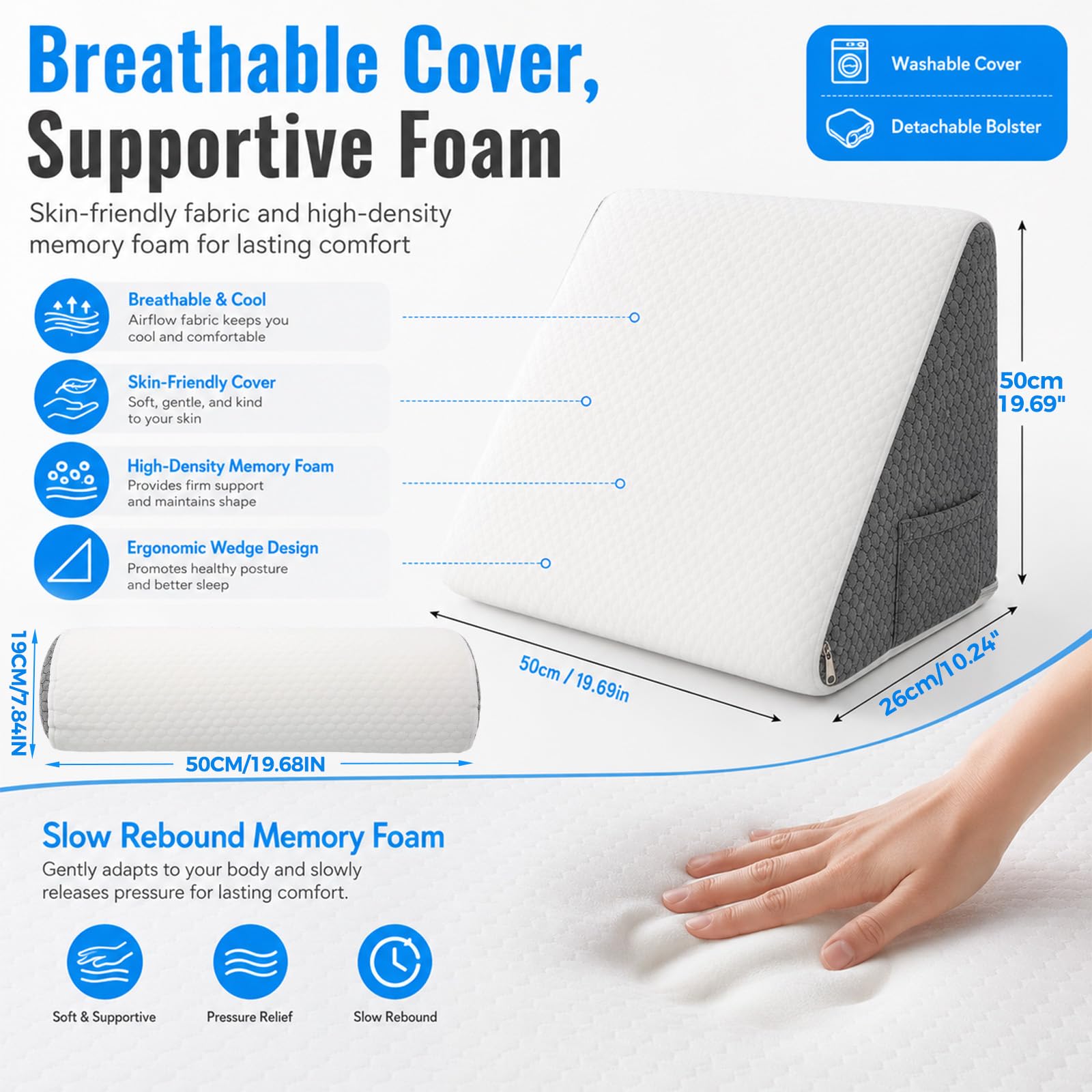 Oreiller de lit en Forme de Coin en Mousse à mémoire de Forme | Coussin triangulaire d'inclinaison avec housse lavable - Coussin de soutien pour les jambes pour le cou, le dos, le sommeil