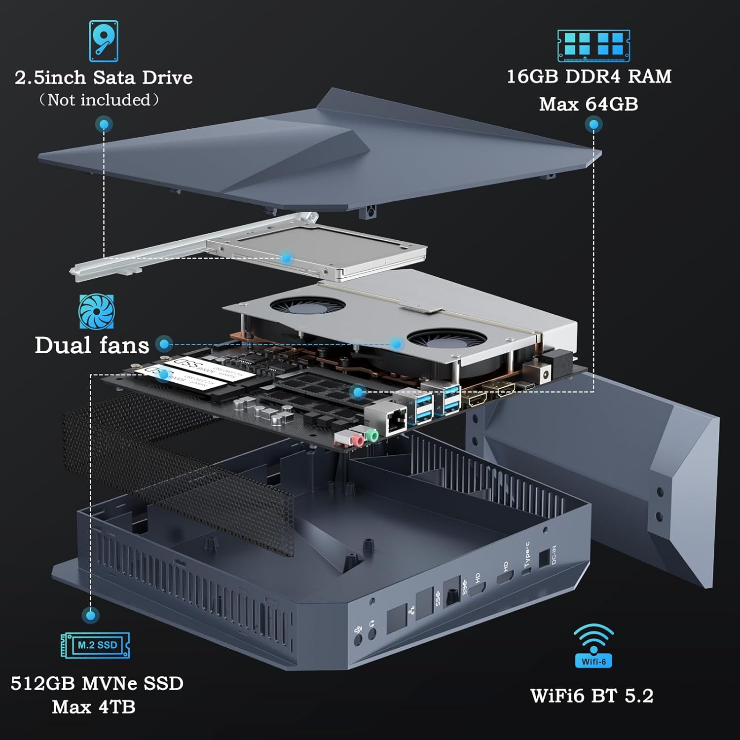 Mini PC, Intel Core I7-8750H (8C/16T up to 4.1GHz), GTX 1050 3GB Graphics Mini Gaming Computer with RGB Lights, 16GB DDR4 512GB NVMe SSD, 2X HDMI + Type-C, Wi-Fi 6 BT 5, Win 11 Pro