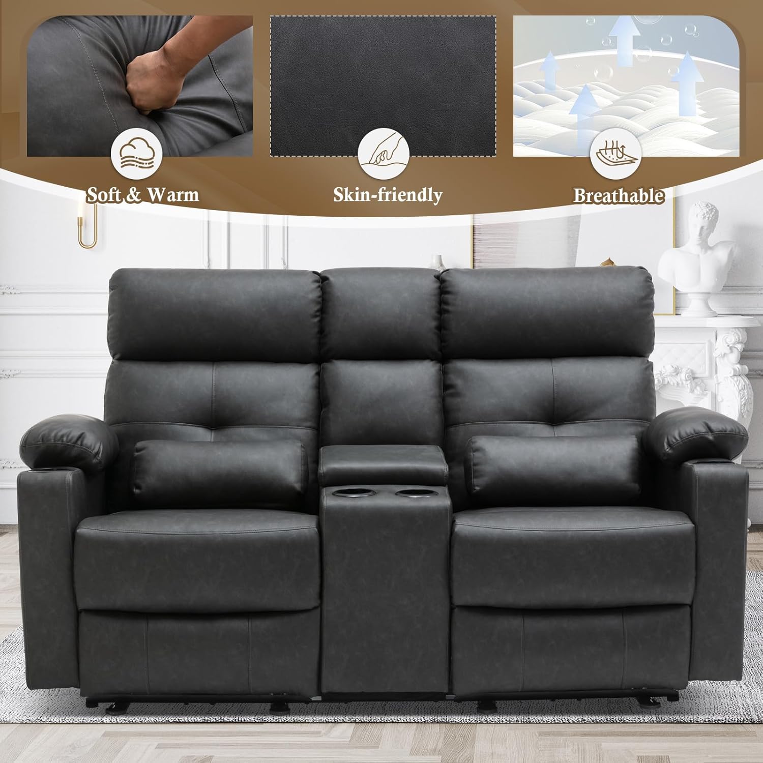 Power Loveseat Recliner Sofa with Console, Loveseat Reclining Sofa with Heat & Massage, Home Theater Seating with Lumbar Pillow for Living Room, RV Recliner Loveseat (PU, Dark Gray)