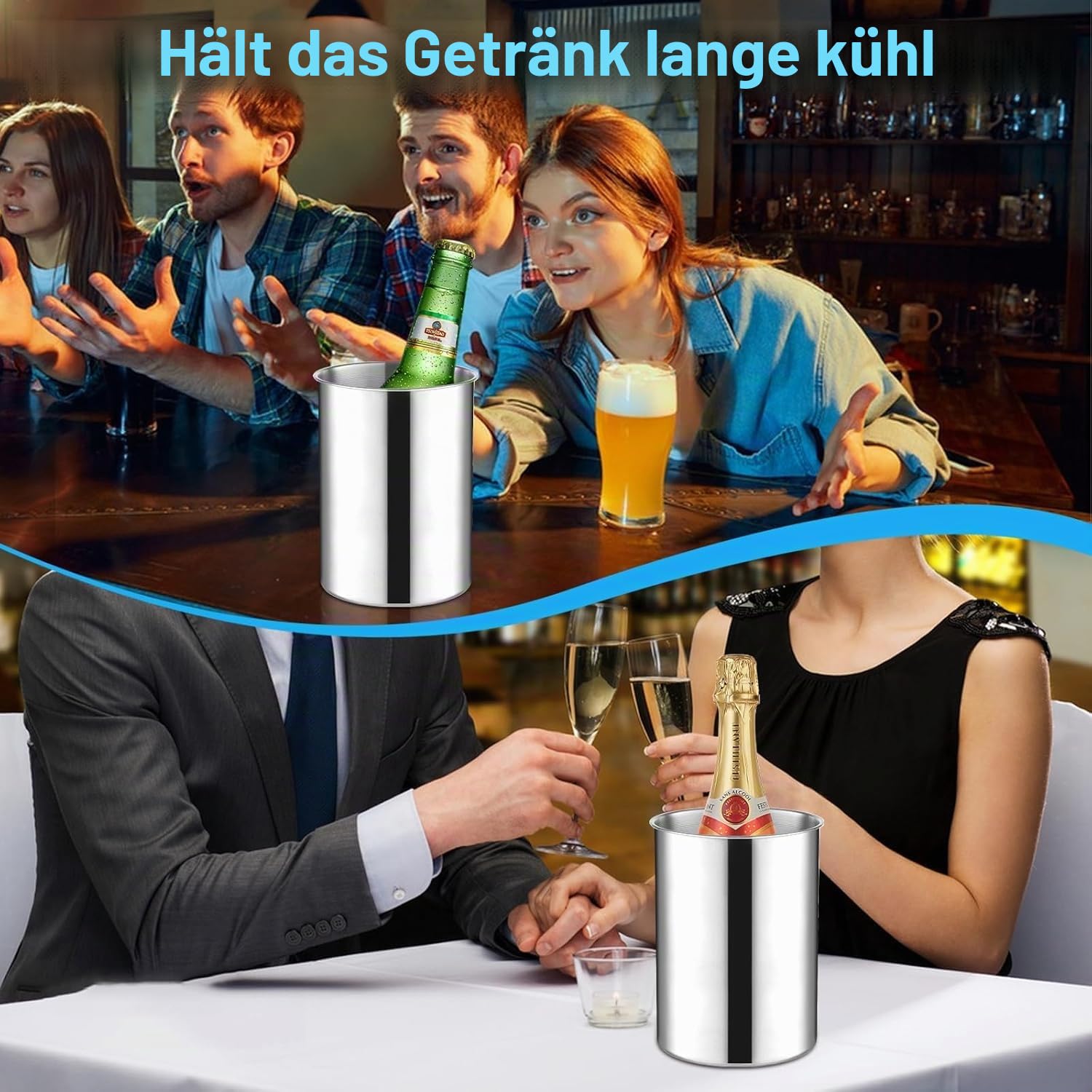 6er Set Stapelbarer Verdickter Edelstahl Eiskübel 750 ML Kühlkübel für Wein, Bier & Champagner, Metall Eiskübel für Partys, Garten-BBQs & Bars (18 cm H x 14.5 cm B)