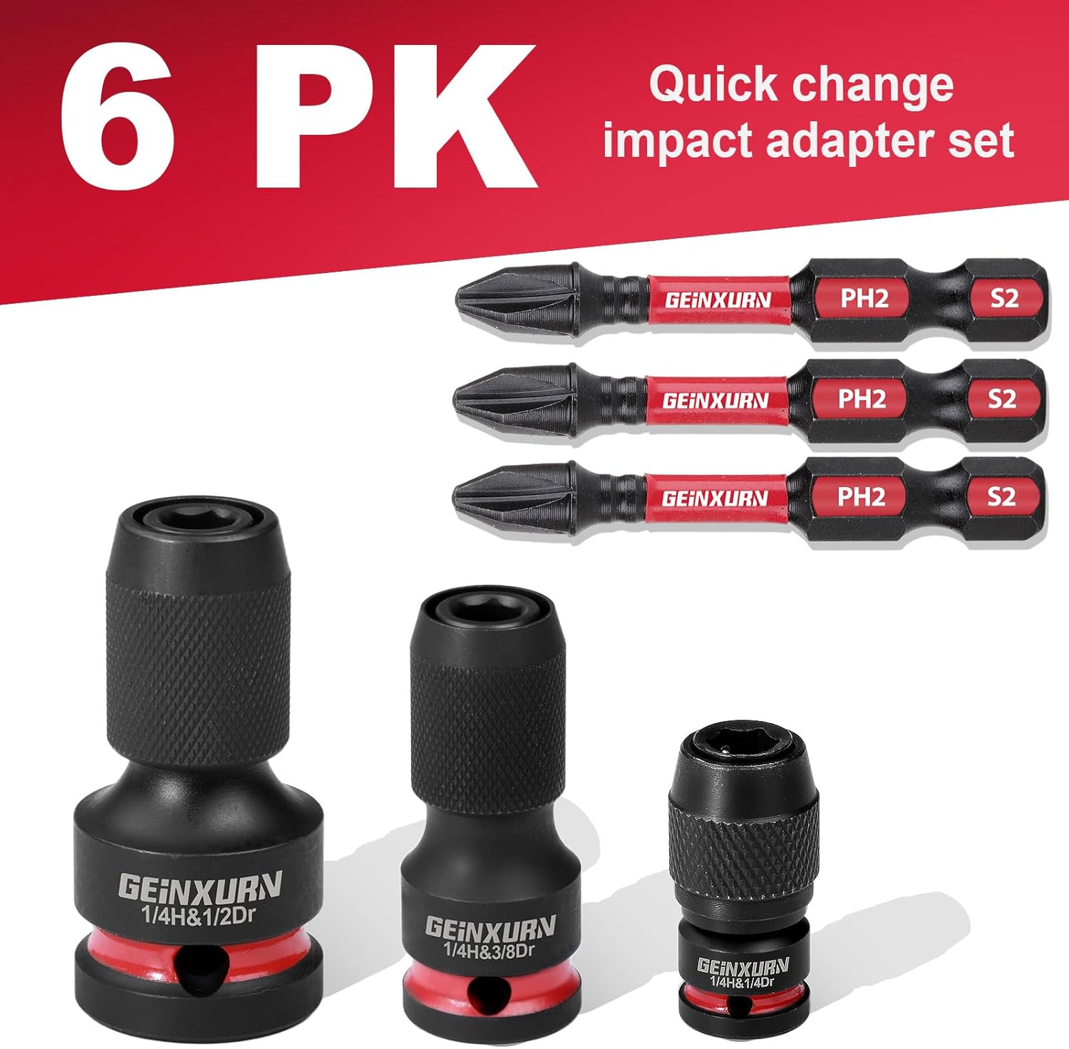 Geinxurn 3PCS Impact Screwdriver Bit Holders Include 1/2-inch, 3/8-inch and 1/4-inch Square Drive to 1/4-Inch Quick Release Hex Socket Adapter with 3PCS -2”Impact PH2 Screwdriver Bit