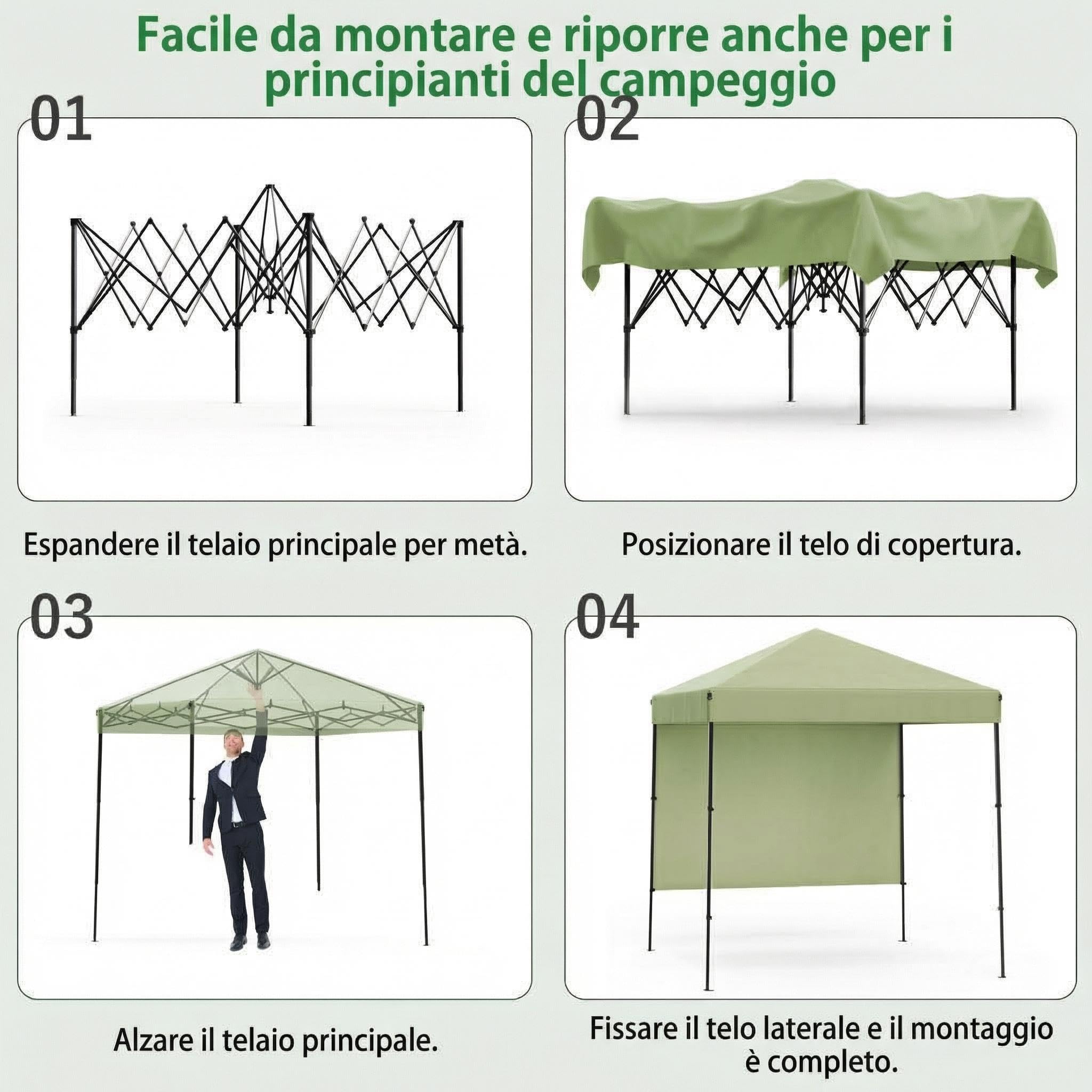 Garvee Tende Pieghevole 2,2x2,2m, Montaggio Facile, Impermeabile, Protezione UV, Altezza Regolabile, con Borsa, Sacchetti di Sabbia, Perfetto per Terrazza, Campeggio, Eventi, Verde Chiaro