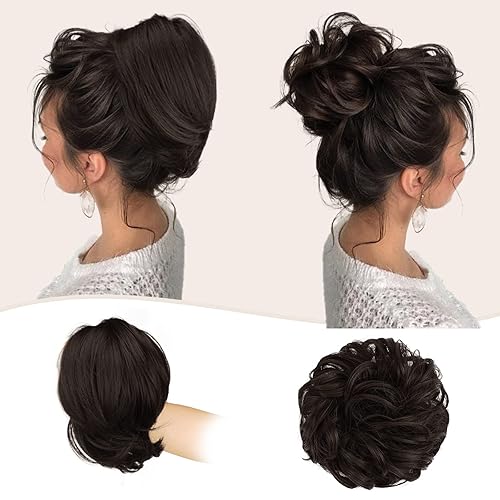 Sidaila 2 extensiones de cabello sintético para moño desordenado, rizado, lacio, corto, moño recogido, elegante para mujeres (marrón oscuro)