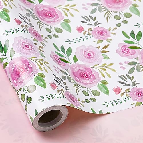 Miniatura 2 de RUSPEPA Rollo de Papel de Regalo Floral Reversible, Mini Rollo, Diseño de Capullos de Rosa Rosados y Color Rosa Sólido, Elegante Papel de Regalo
