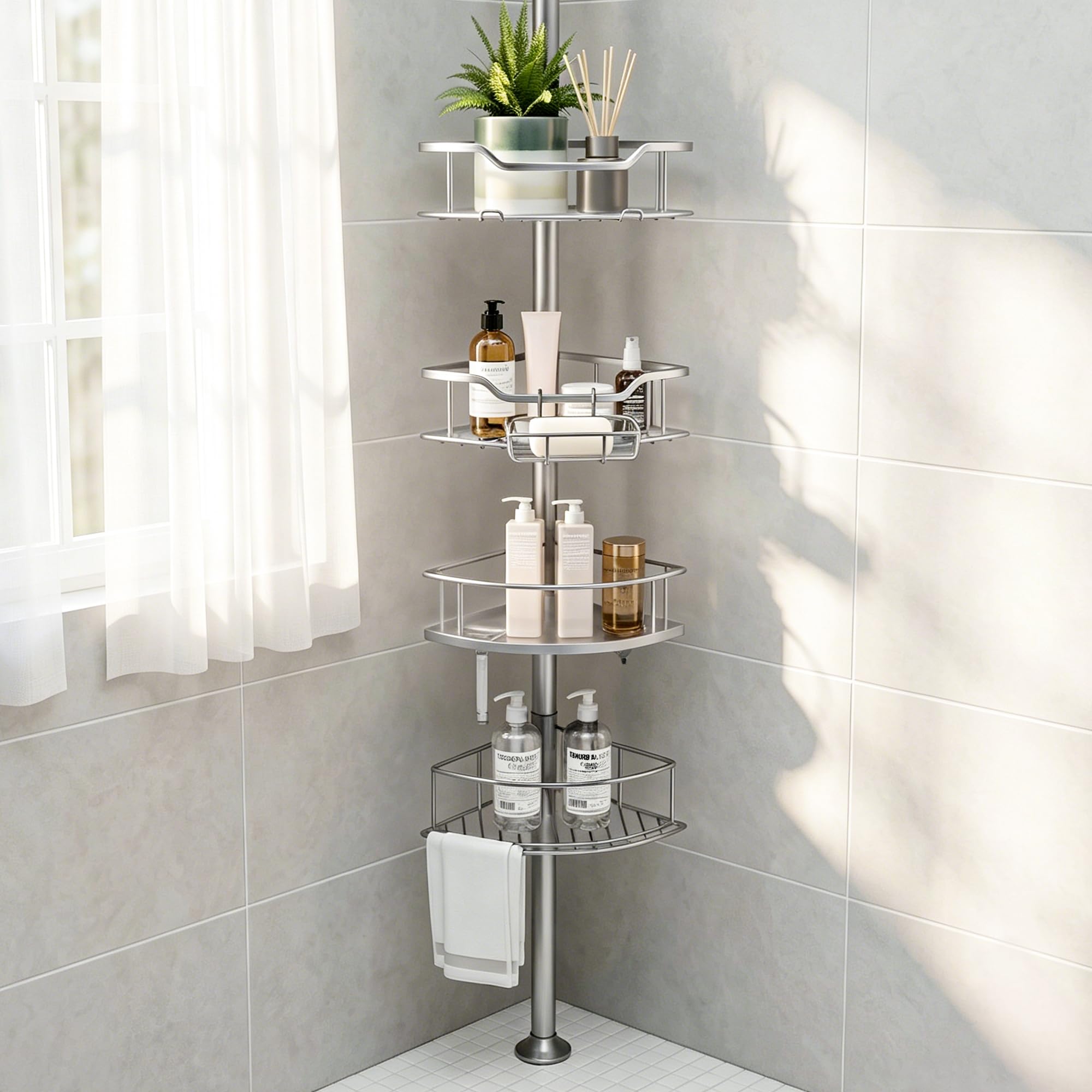 Purejoy Teleskop Duschregal ohne Bohren Silbergrau, höhenverstellbares Eckregal für Dusche & Badezimmer, rostfreie Duschablage mit 4 Körben (Silbergrau, 81–312 cm, Dreieckig)