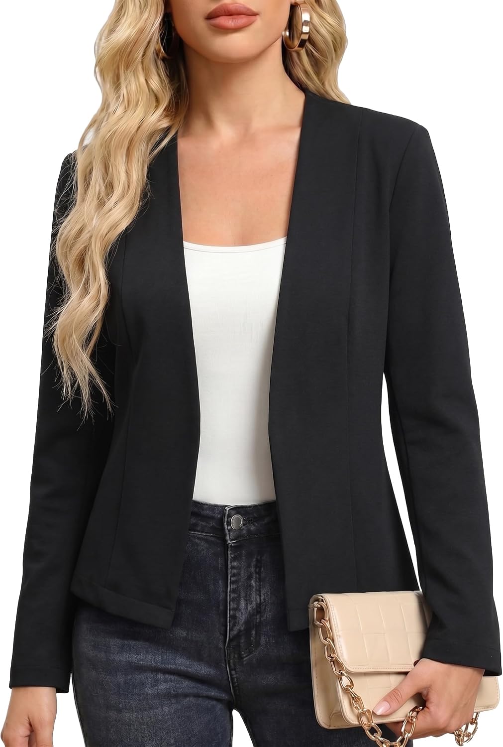 Mina Self 2026 Spring Women's Tweed Blazer Jacket - Collarless Open Front Fully Lined Elegant Fitted Fashion Casual Work Coat