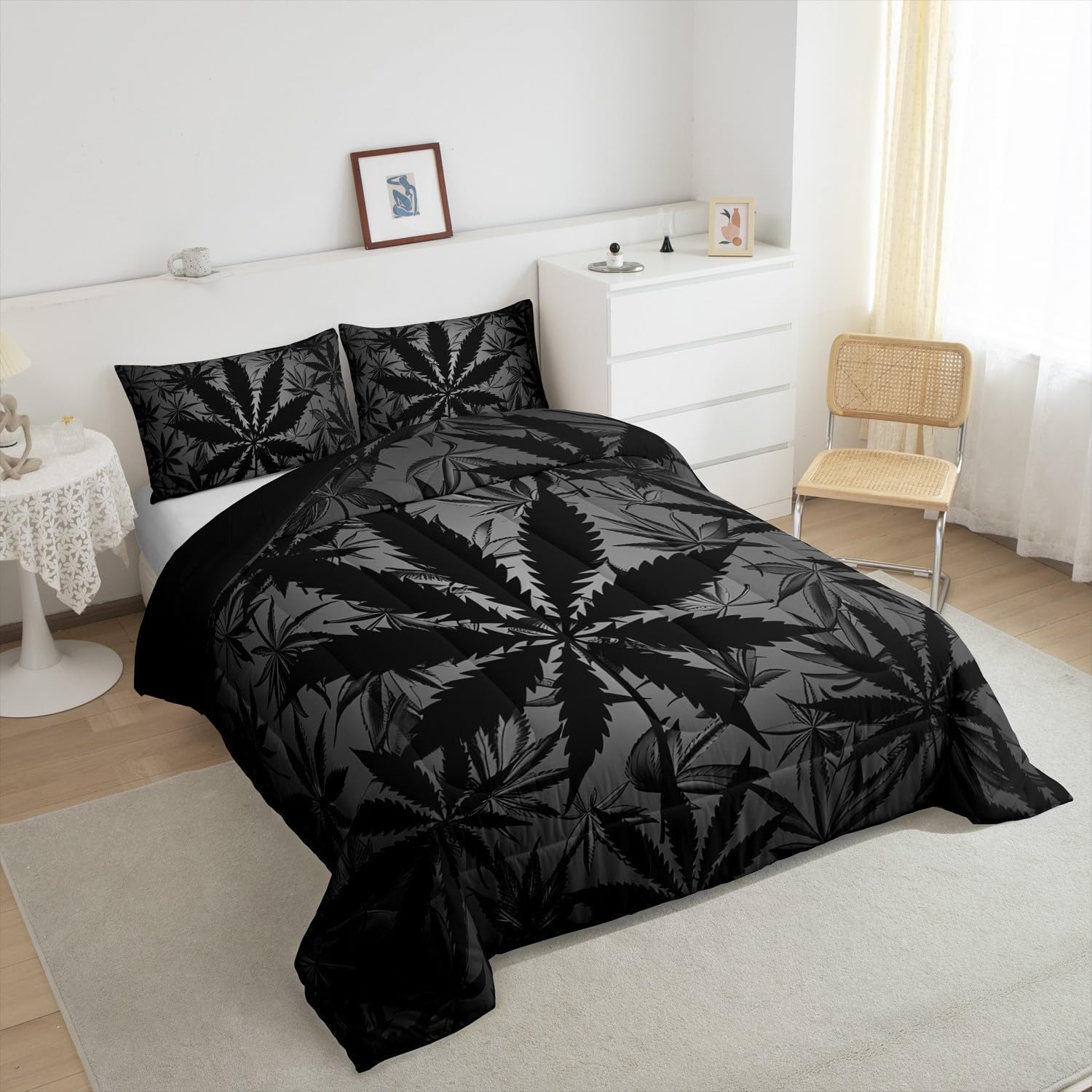 Erosebridal Leaf Bedding Set for Kids Boys Girls Teens,Neon Leaves Comforter Sets Queen,Duvet Quilt Lightweight,Botanical Plants Bed Set with 2 Pillowcases