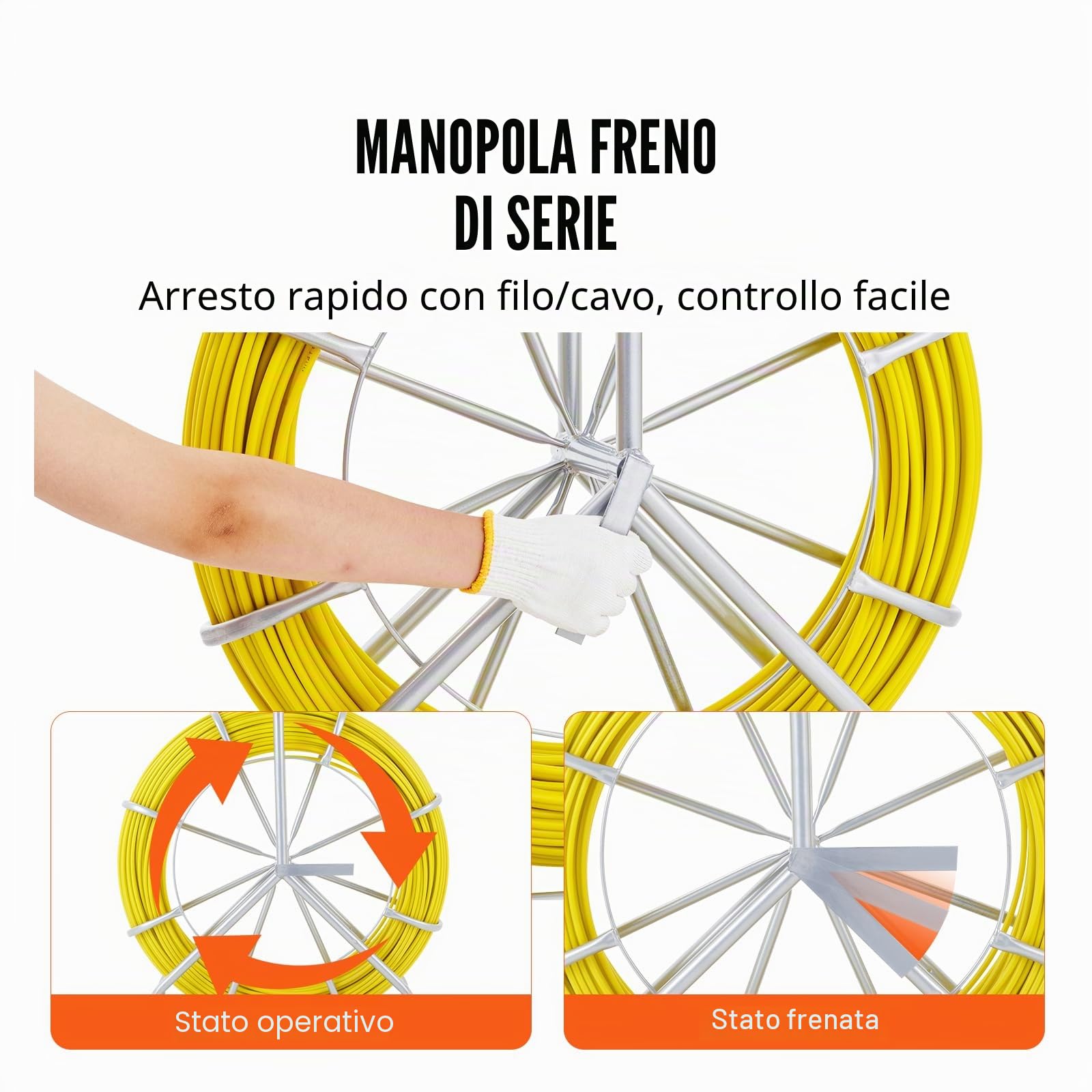 VEVOR Sonda Passacavi in Fibra di Vetro 7,9mm x 150m con Supporto in Metallo Estrattore a Nastro per Cavo Elettrico con 2 Teste di Trazione Strumento di Installazione del Cavo Elettrico in Fiberglass