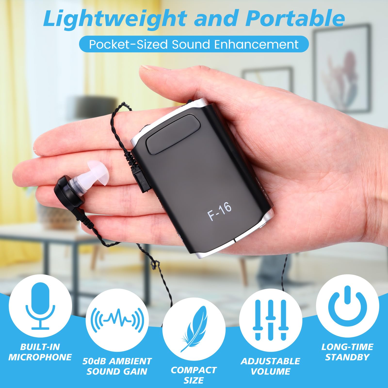 Geiserailie Paquete de 4 amplificadores auditivos personales, amplificador de sonido, dispositivo de mejora de la audición de voz con 8 niveles de volumen y auriculares para personas mayores, ganancia
