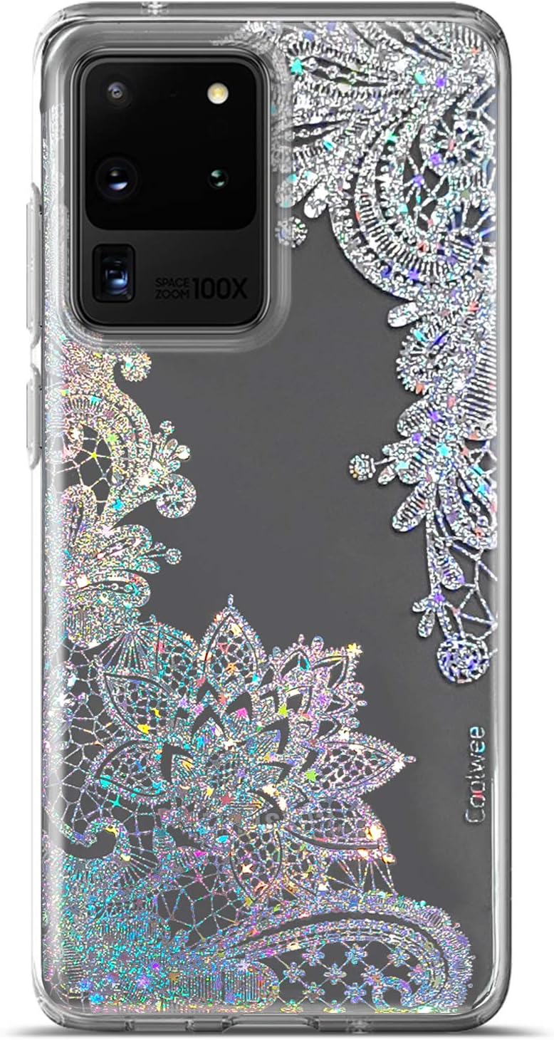 Coolwee Clear Glitter for Galaxy S20 Ultra Case Thin Flower Slim Cute Crystal Lace Bling Women Girl Floral Plastic Hard Back Soft TPU Bumper Protective Cover for Samsung Galaxy S20 Ultra Mandala Henna