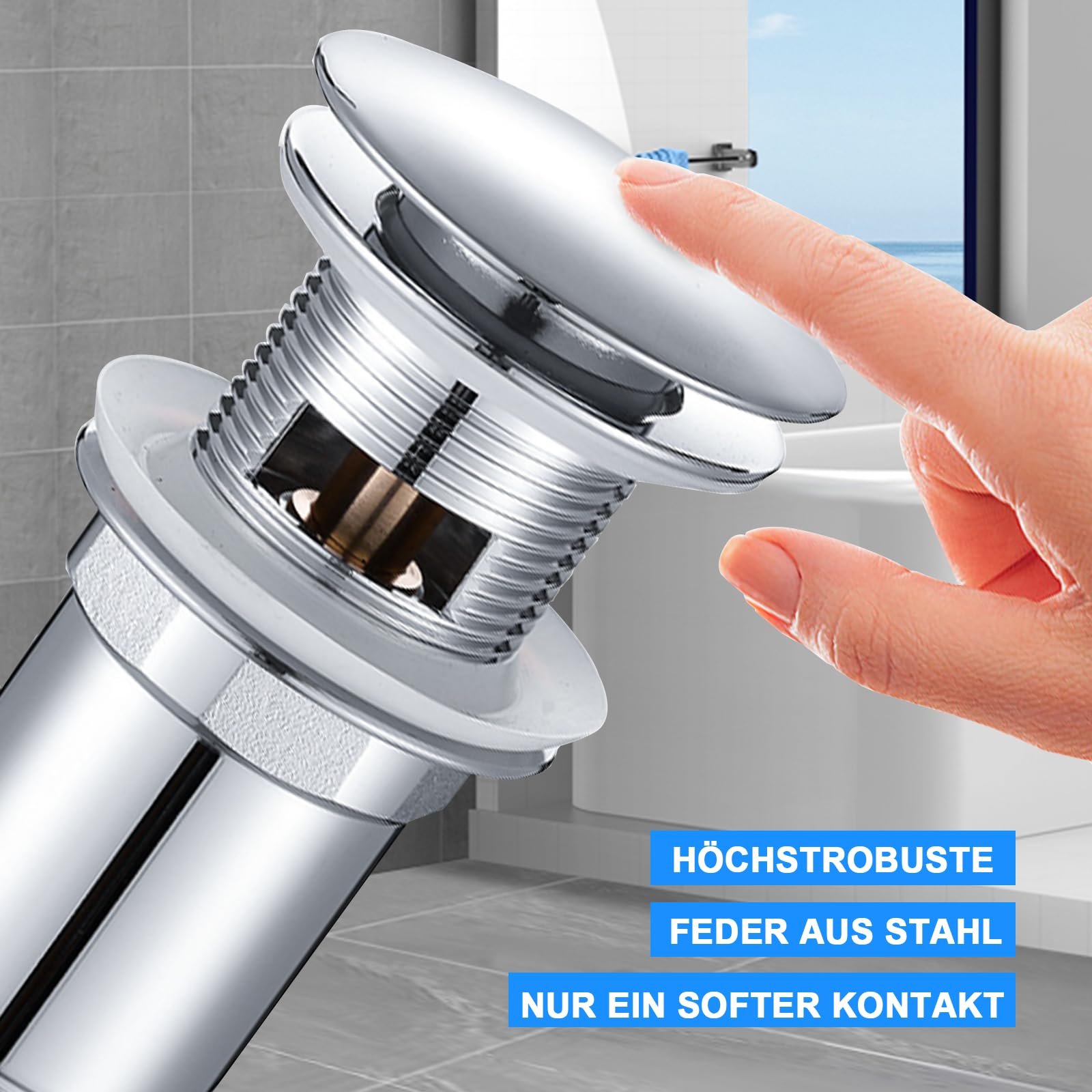 Piletta Lavabo con Troppopieno in Acciaio Inox, Valvola Pop-Up Universale per Lavandino