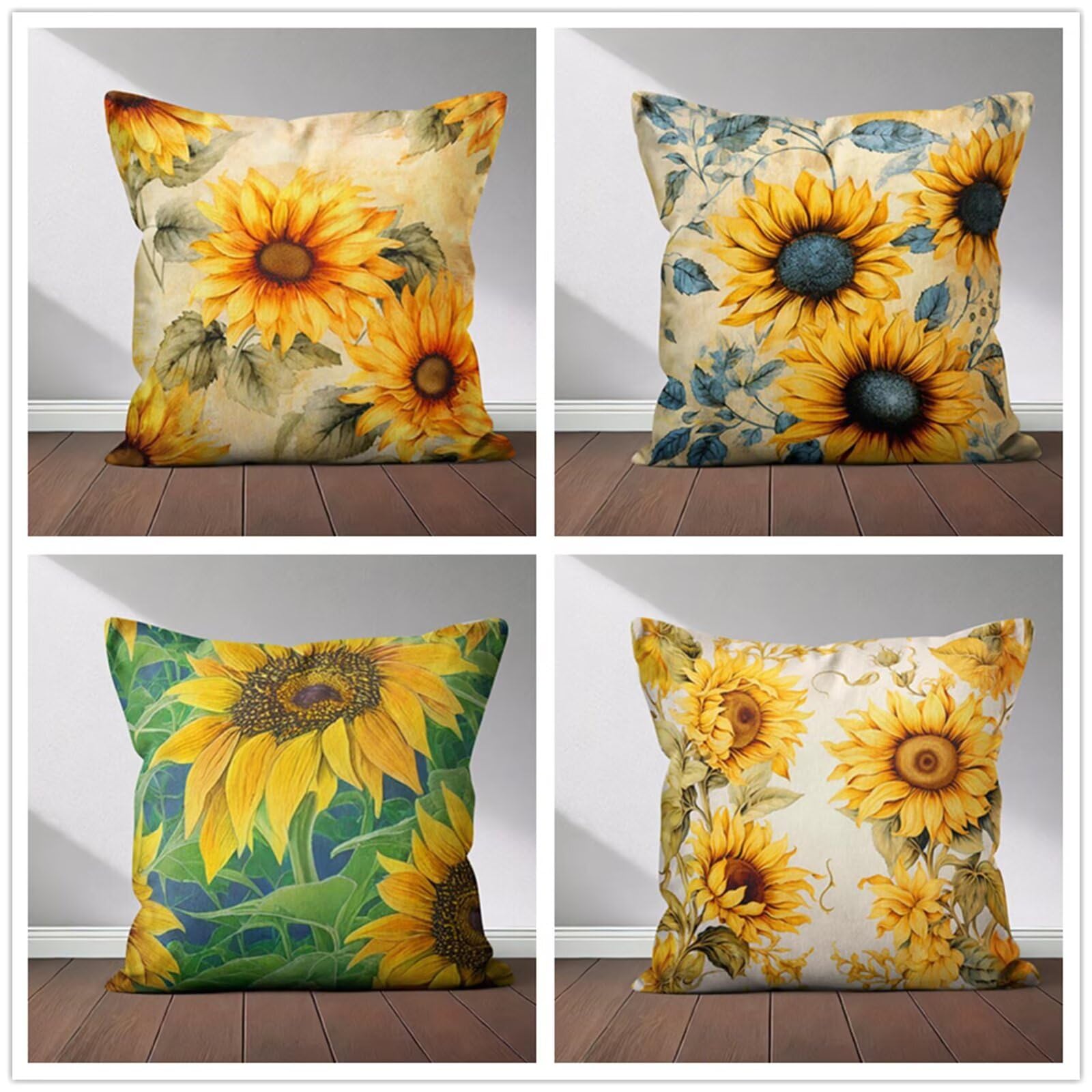 Heaen Outdoor Cushions Covers Waterproof 55x55 cm Set of 4 Square Linen Pillow Cases Sunflowers Decorative Dushions for Sofa Porch Patio Home Decor