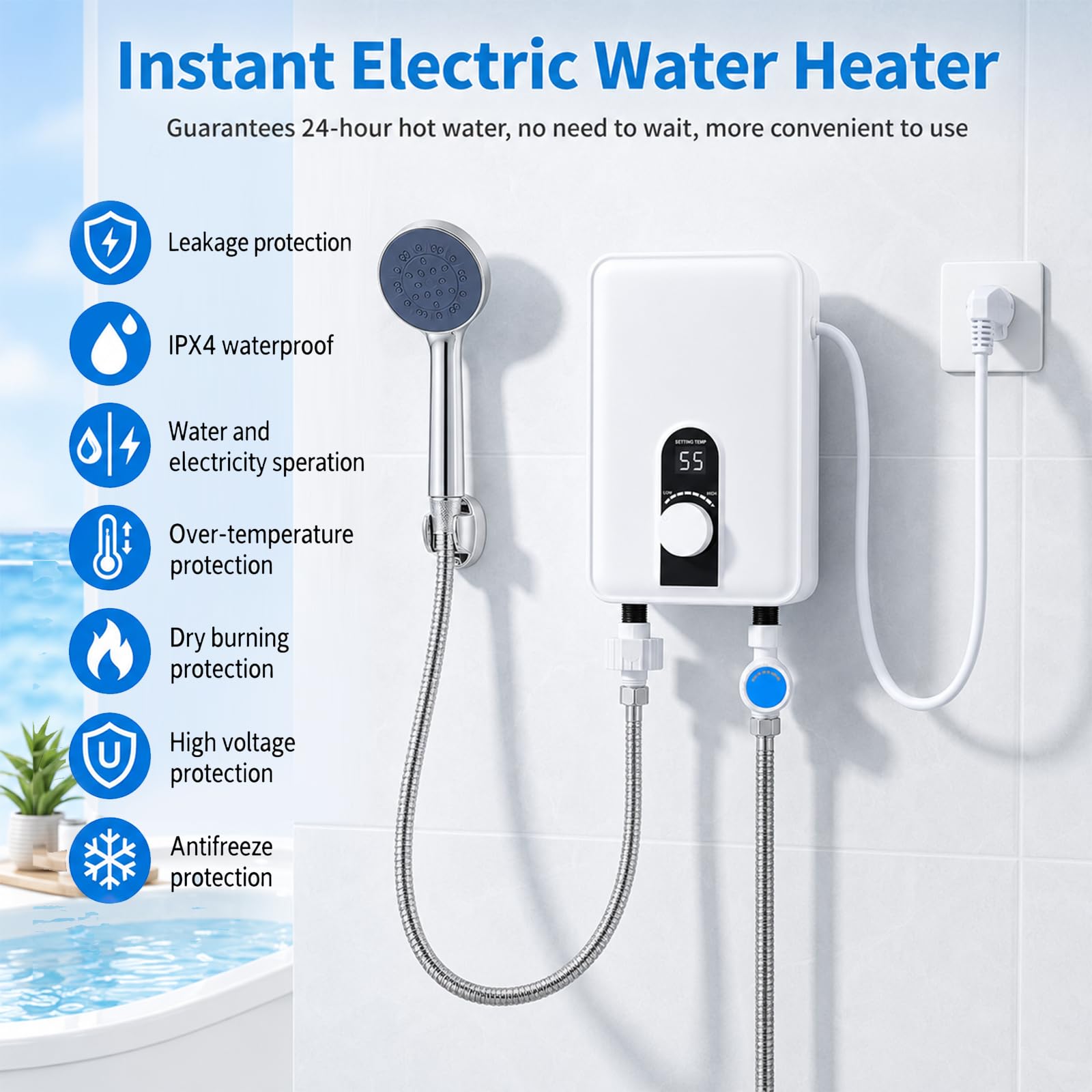 Scaldacqua istantaneo, 6000 W, mini scaldabagno elettrico con display LED, 230 V, per cucina e doccia, bagno, senza spina, resistente alla pressione, impermeabile IPX4, classe energetica A