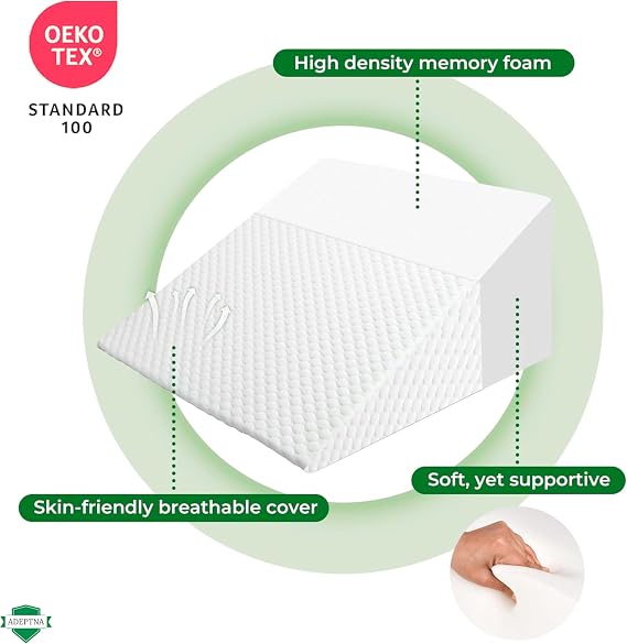 ADEPTNA Memory Foam Therapy Bed Wedge Pillow – High-Density Support for Back Support, Neck, Leg Pain Relief Sleep Apnea for Better Breathing, Circulation, and Acid Reflux Heartburn