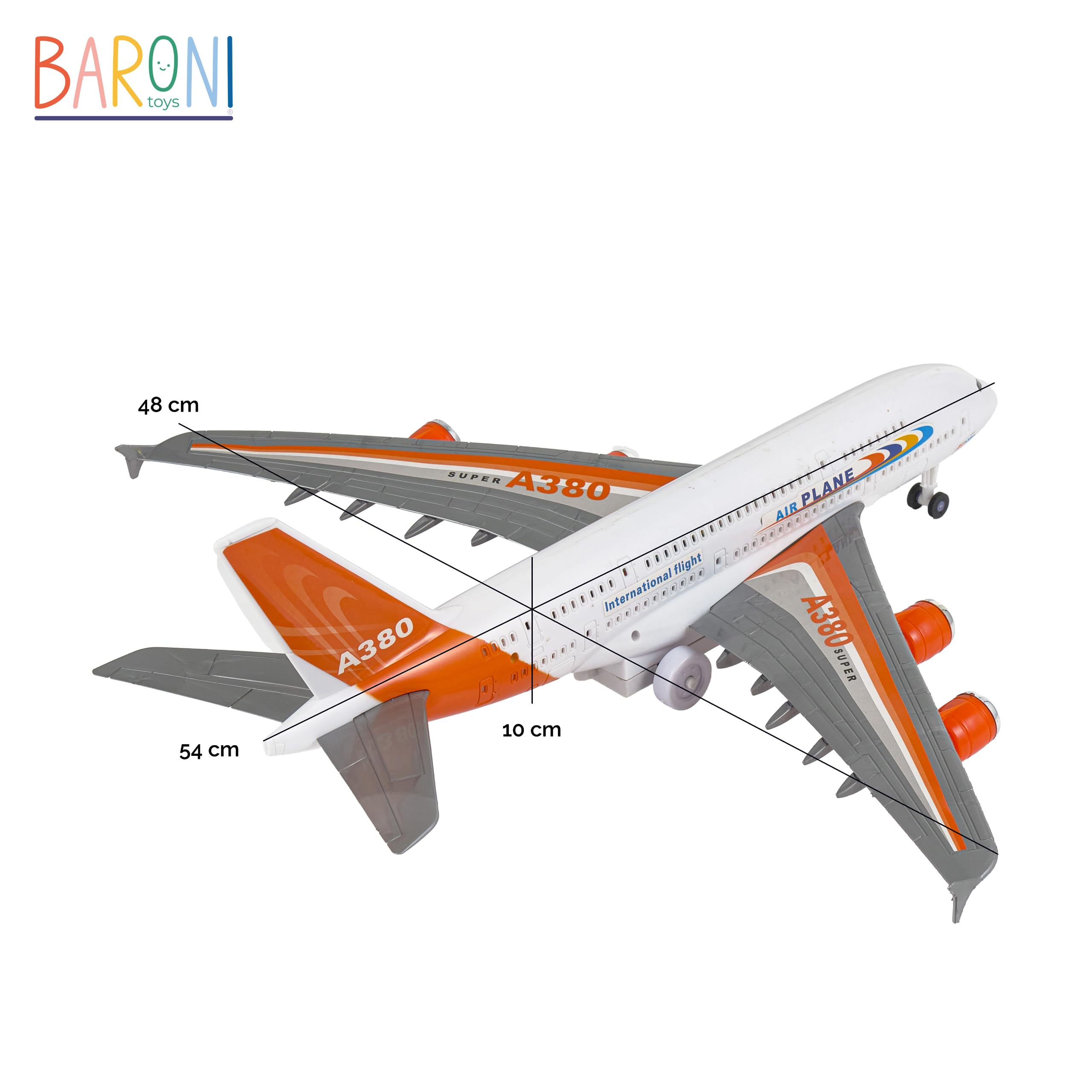 Baroni Toys Aeroplano Ready to Run Giocattolo con Luci e Suoni Colorato, Aereo Gioco da Bambino Accessori Inclusi, Gioco a forma di Aereo per Bambini 3 4 5 6 7 anni, 54x48x10 cm