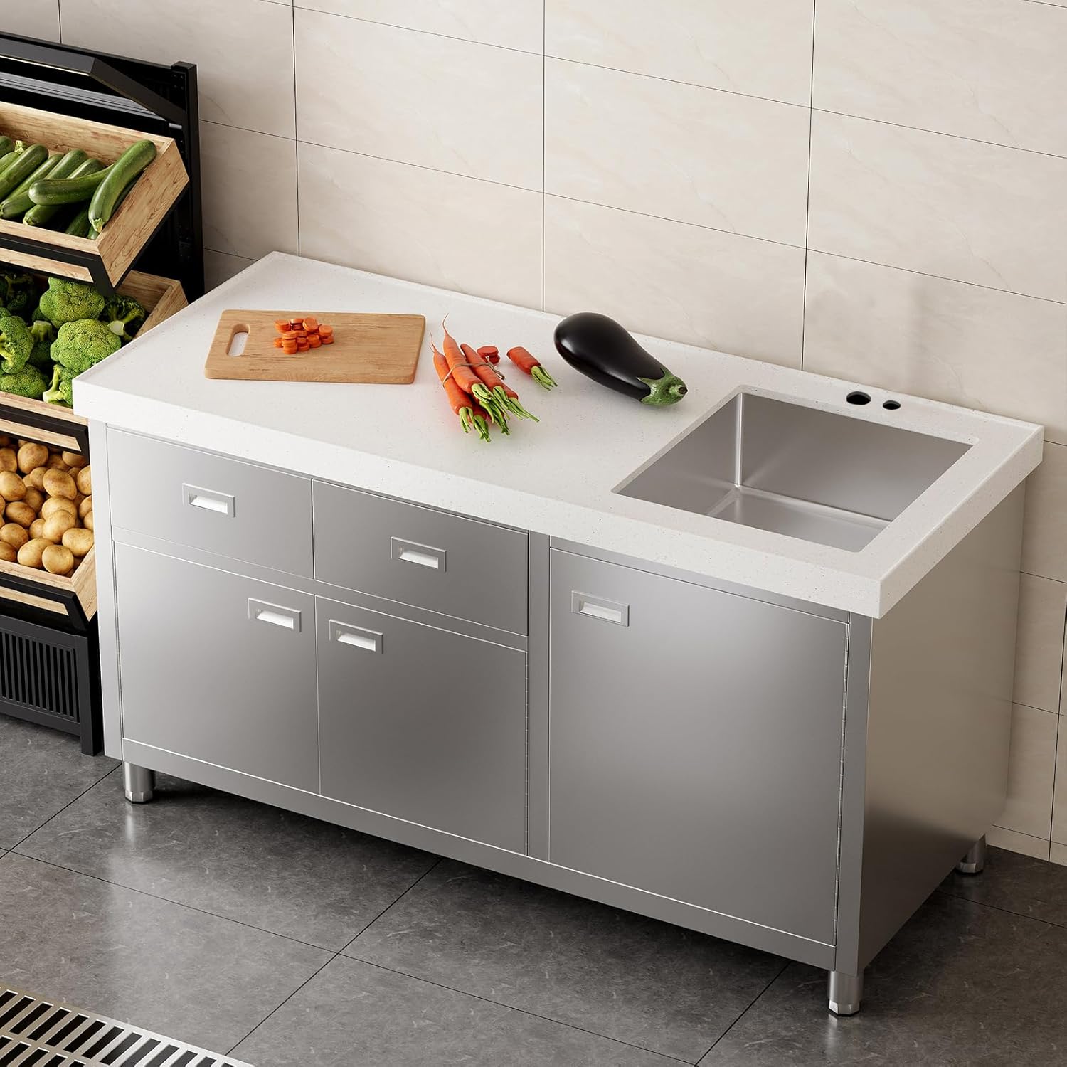 ZZV Freestanding Sink with Marble Worktop and Stainless Steel Cabinet, Fully Assembled Outdoor Laundry Utility Sink Cabinet with 2 Drawers, Heavy Duty Kitchen Sink for Home Restaurant Cafe